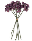 The Abigail Ahern Ranunculus Bunch Purple features lifelike artificial purple ranunculus flowers with green stems, tied with a beige string and displayed against a white background—perfect for adding lasting elegance to your space.