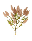 The Indaba Pussytail Grass Spray features multiple brown, feathery, oval-shaped flower heads with green, narrow leaves on a single stem. These realistic faux botanical stems are displayed against a white background.