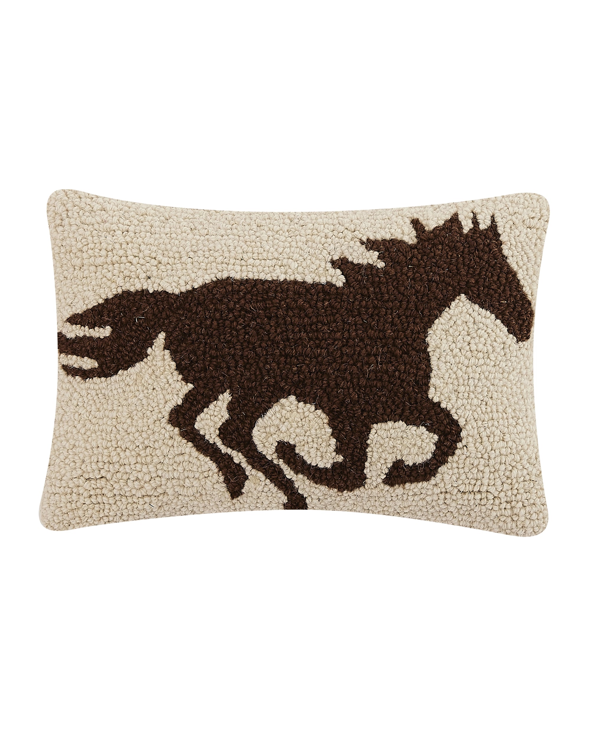Wool hooked pillow with horse silhouette on cream, velvet back by Faire for Bungalow Furniture &amp; Accessories.