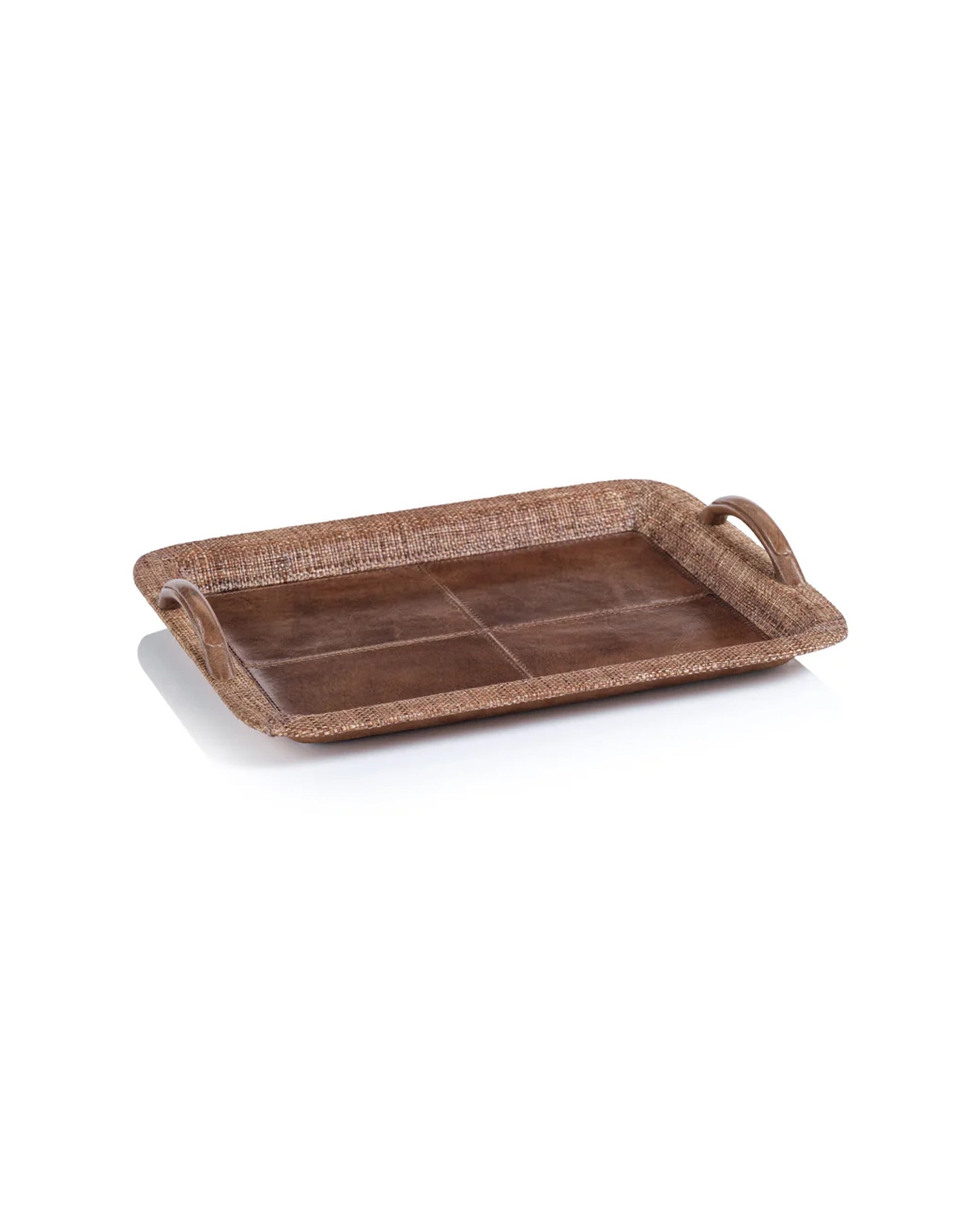 The Zodax IN-8020 Leather & Raffia Tray S is a rectangular brown serving tray with raised edges, two side handles, and a textured surface, shown against a white background.