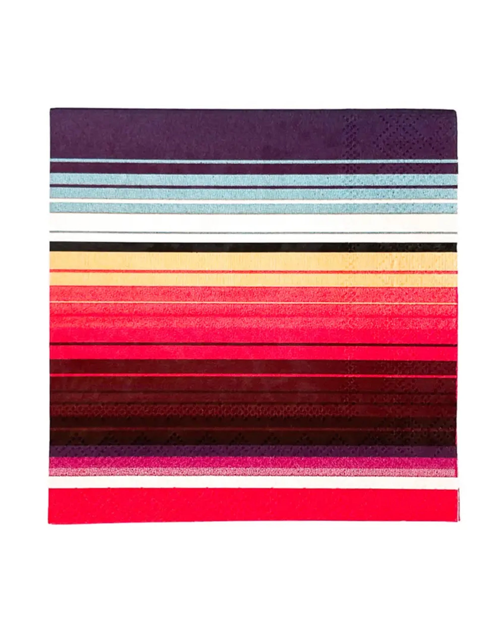 The Red Serape Cocktail Napkins by Faire feature a rectangular design inspired by cocktail napkins, with horizontal purple, blue, red, orange, and pink stripes of varying thickness on a white 5 x 5 inch background.