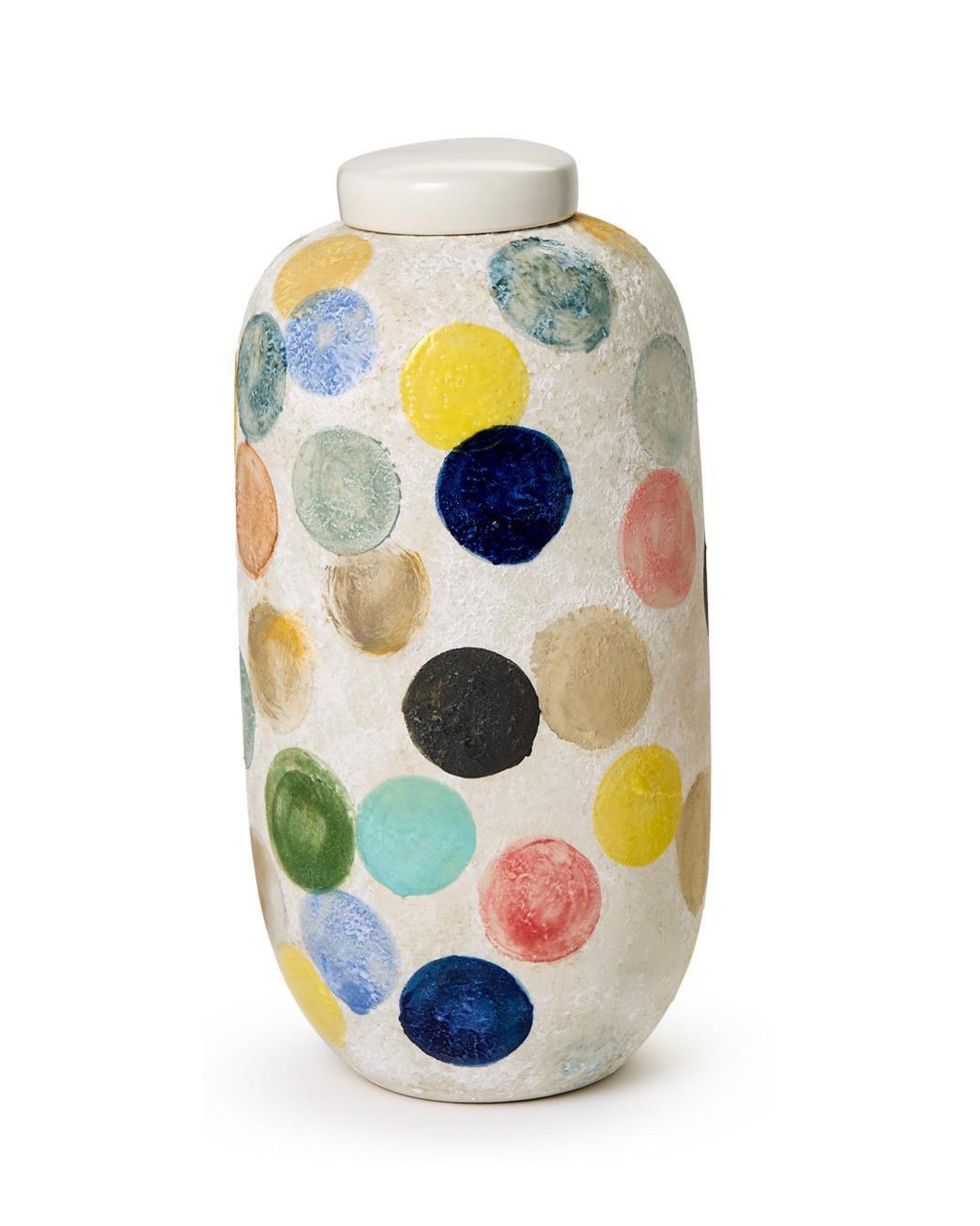 The OMT180 Colorful Circle Dot Vase by Two's Company is a tall, white, hand-painted lidded vase featuring textured polka dots in blue, yellow, green, pink, black, and beige—making it a unique decorative accent.