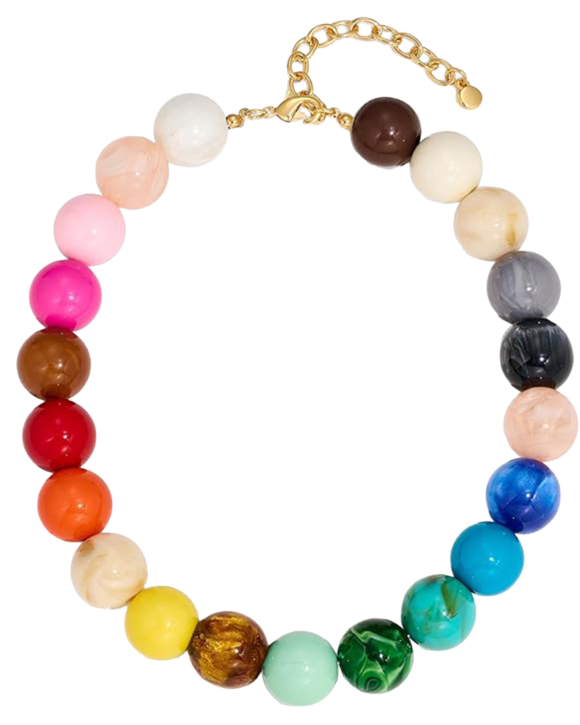 The Bubble Gum Necklace by PERRY Styles features large, colorful round beads and a gold adjustable chain—making this statement piece a bold, chic addition to any outfit.