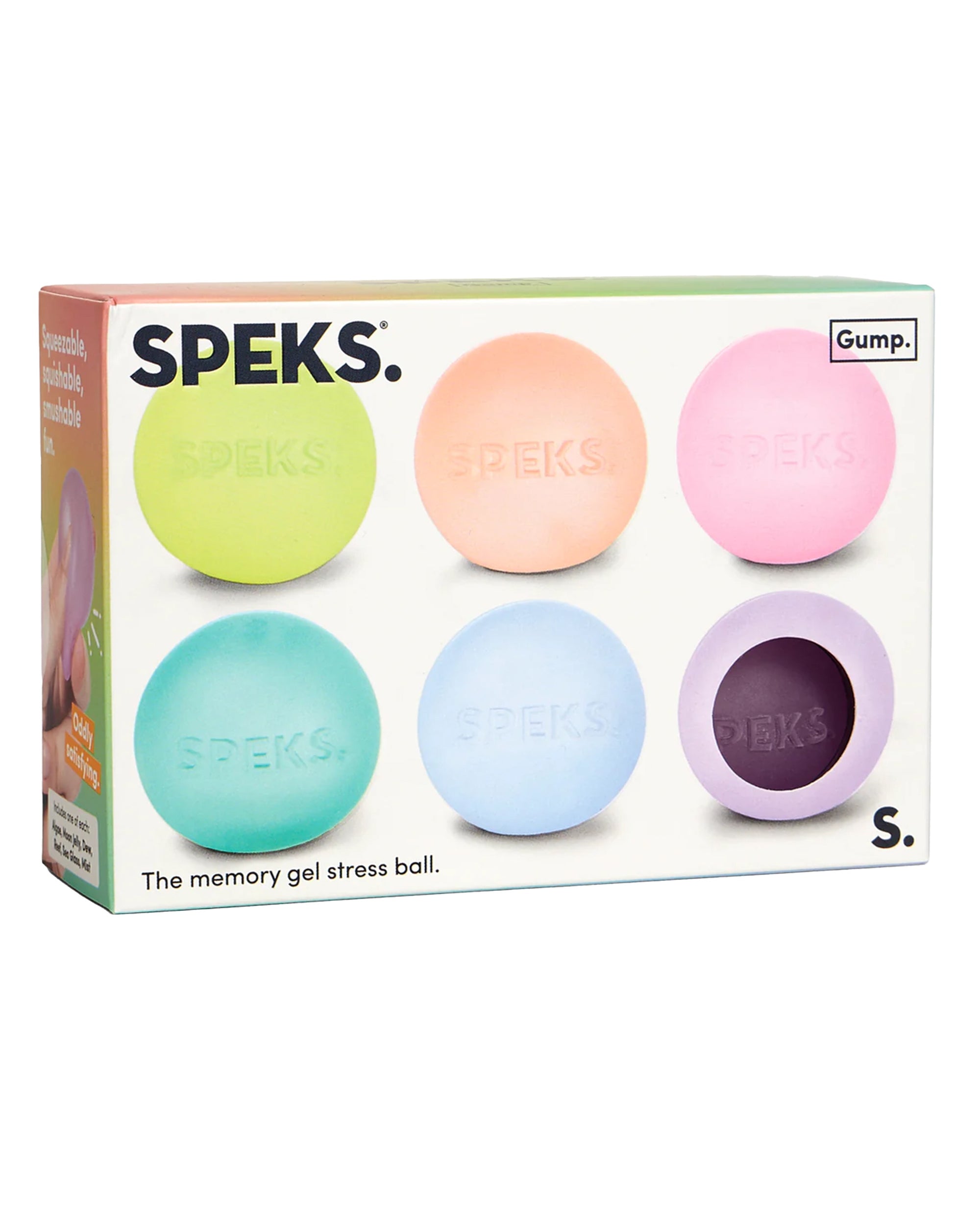 The Faire Mini Gump 6-pack includes pastel squeezable, moldable stress balls in green, peach, pink, teal, blue, and purple—soft fidget toys perfect for stress relief.