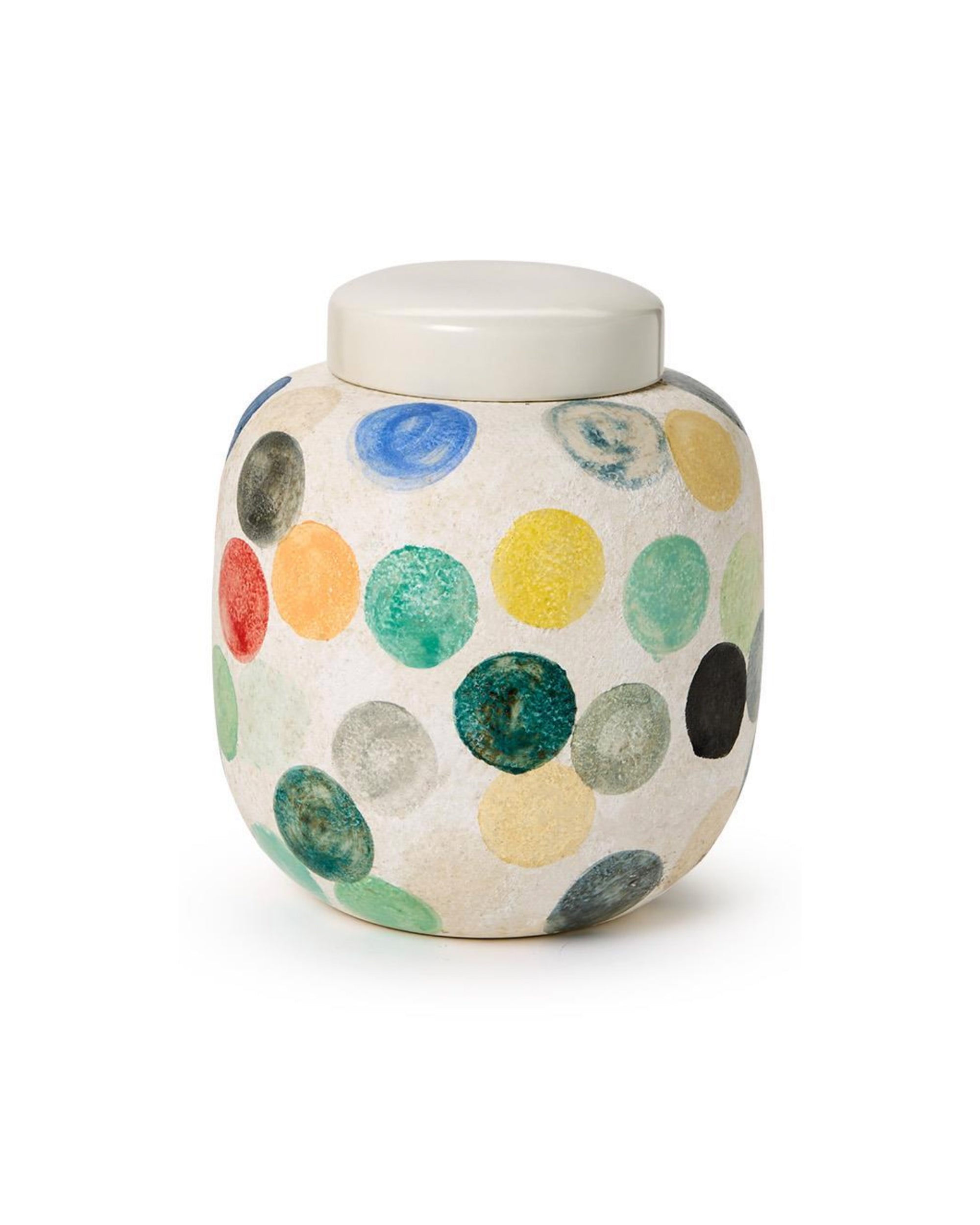 The Colorful Circle Dot Vase by Two’s Company features a white lid and hand-painted vibrant dots in blue, green, yellow, orange, black, and red—a decorative ceramic accent that brightens up any room.