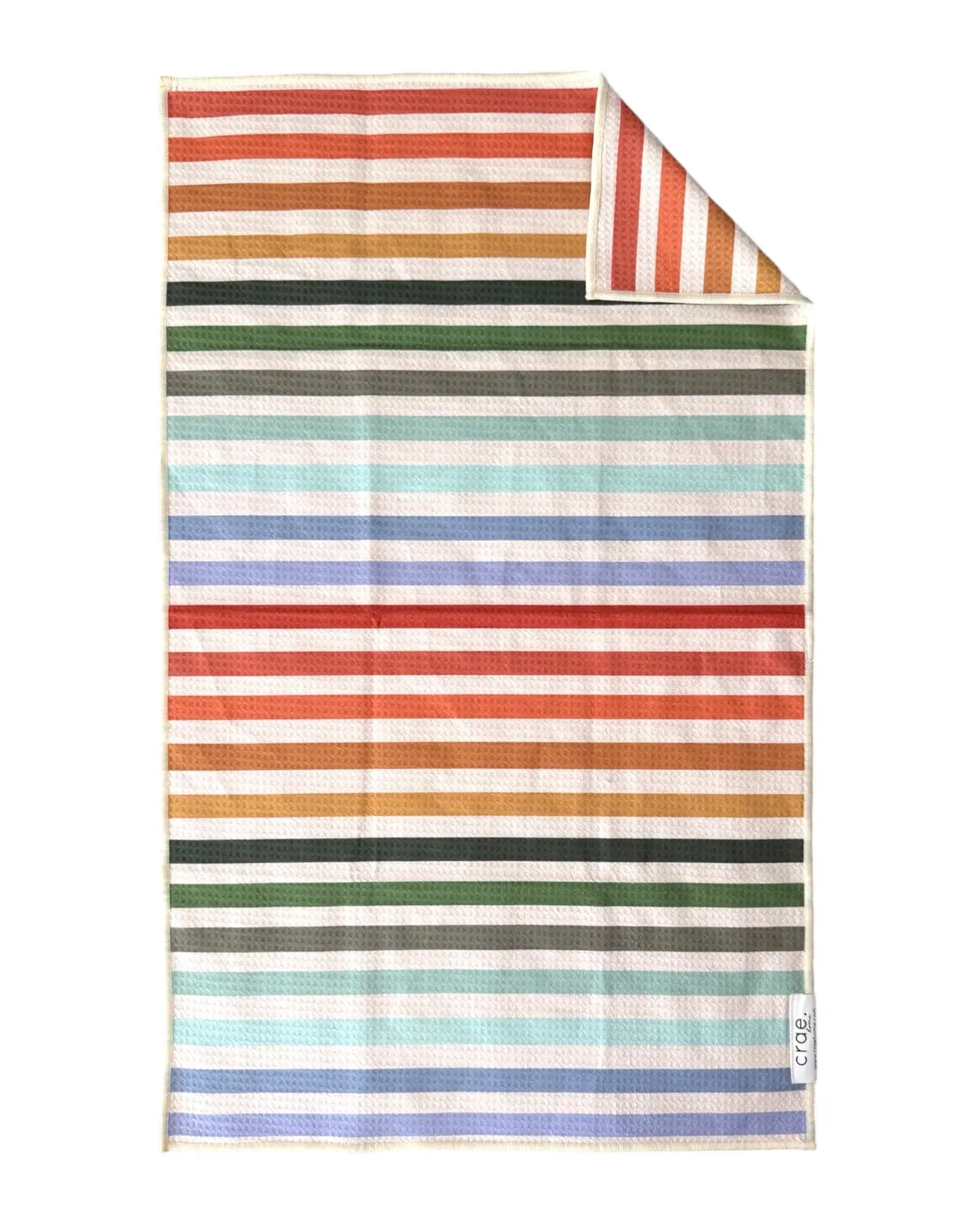 Hand towel with colorful horizontal stripes and waffle weave texture by Faire Crew, ideal for kitchen or bath.
