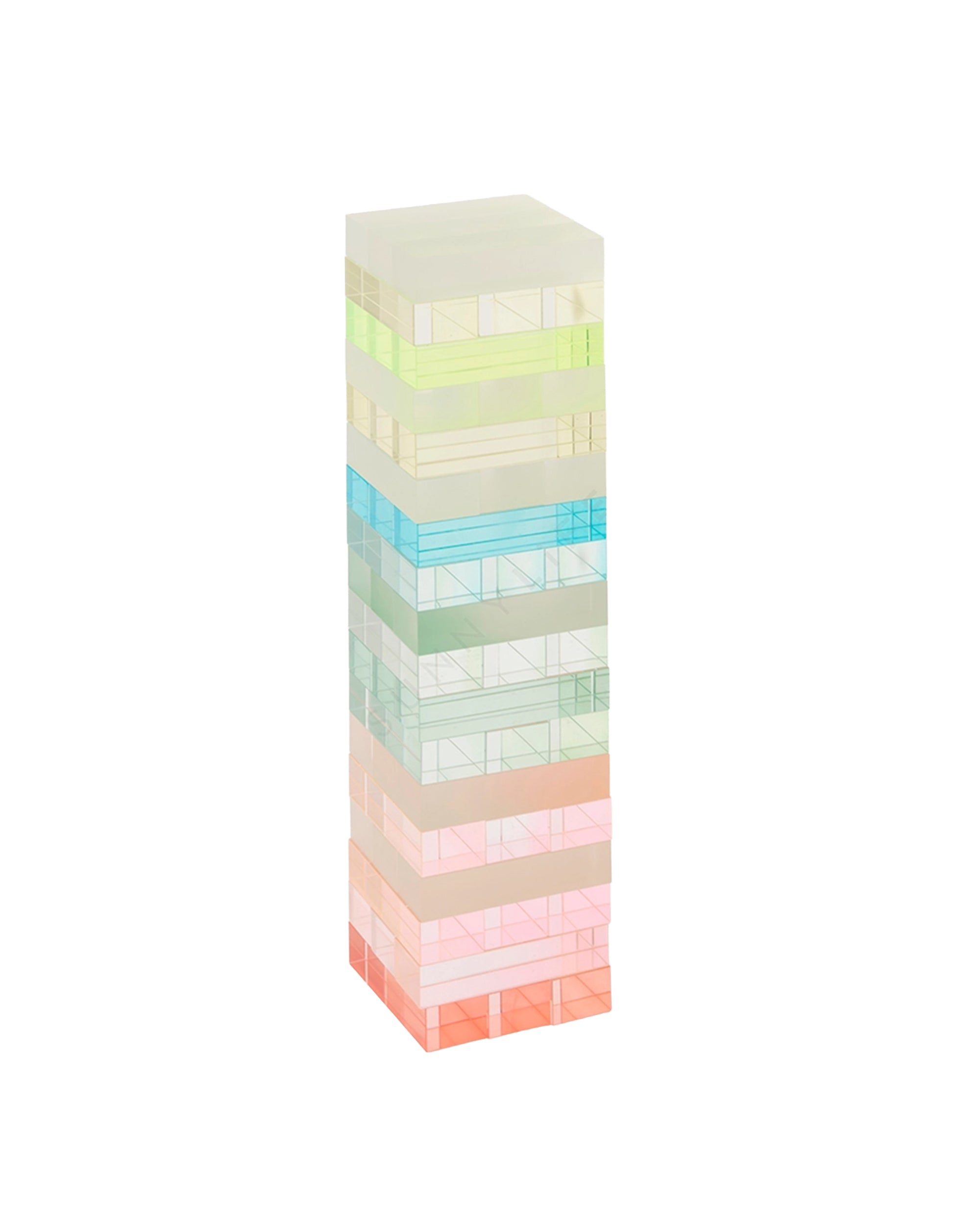 The Ombre Lucite Sherbert Jumbling Tower Stacking Game by Faire features translucent pastel blocks in green, yellow, blue, pink, and orange, stacked Jenga-style against a white background.