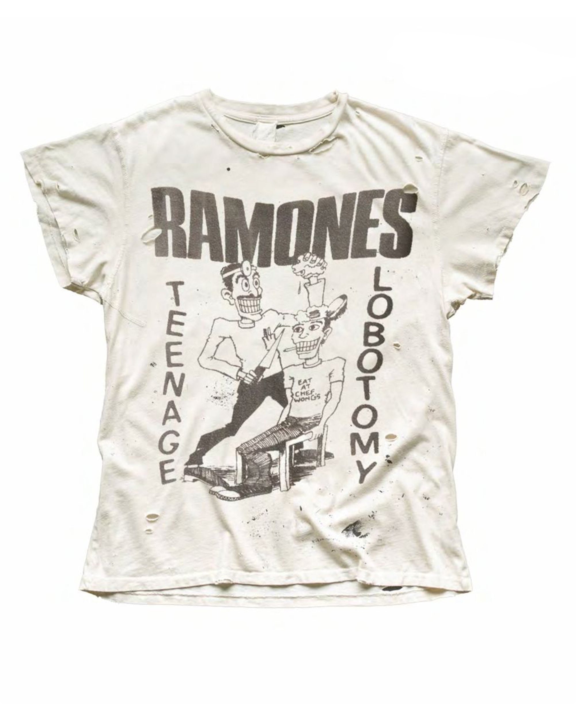 The Made Worn Ramones Vintage Tee showcases a distressed look with “RAMONES” and “TEENAGE LOBOTOMY” text above a bold cartoon graphic, plus the phrase “EAT CRAZY” in a playful speech bubble.