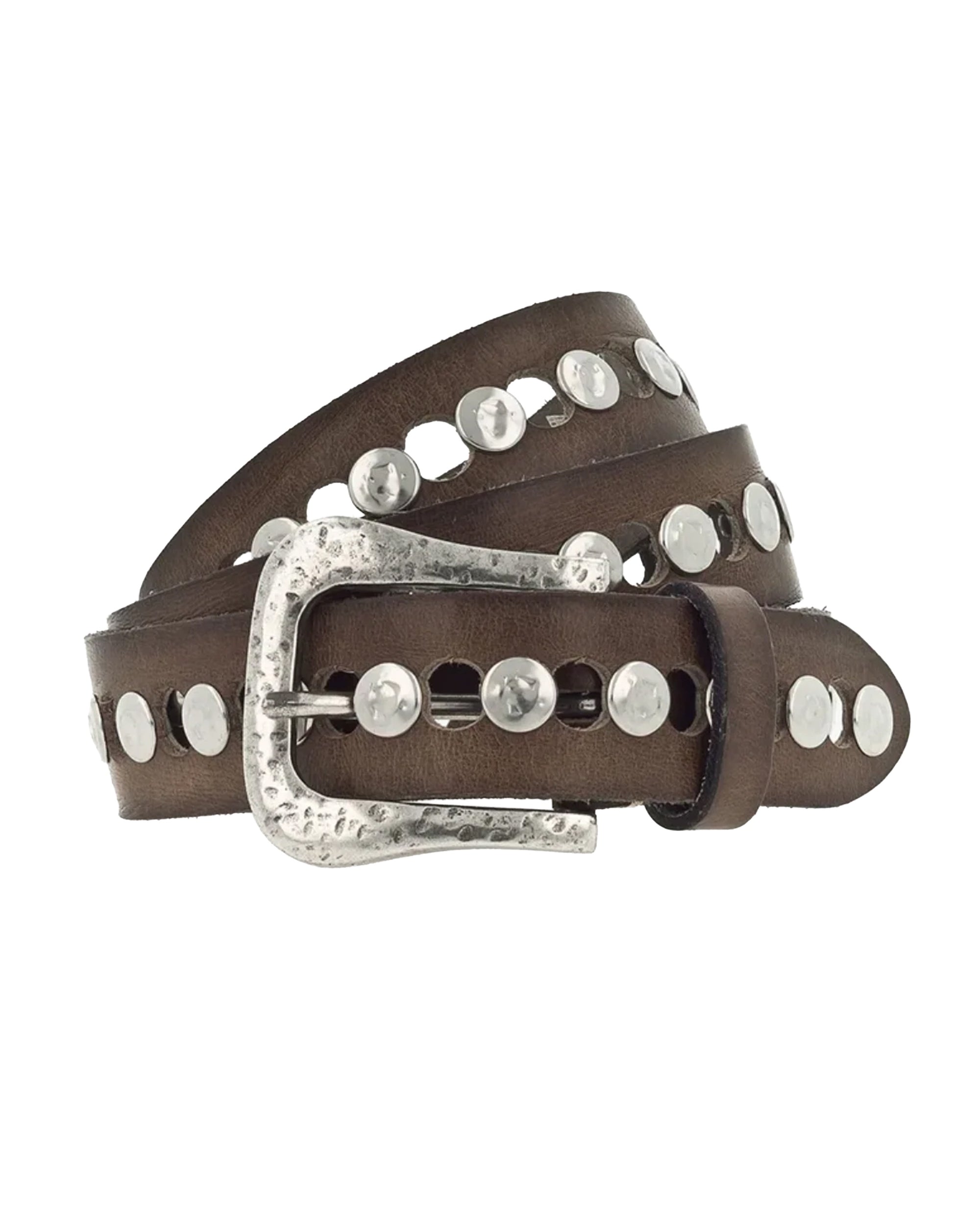 The Ravena Belt by ICO Sportswear Ltd. features brown leather with round studs and a silver, hammered-texture buckle. The belt is shown coiled with the buckle facing forward.