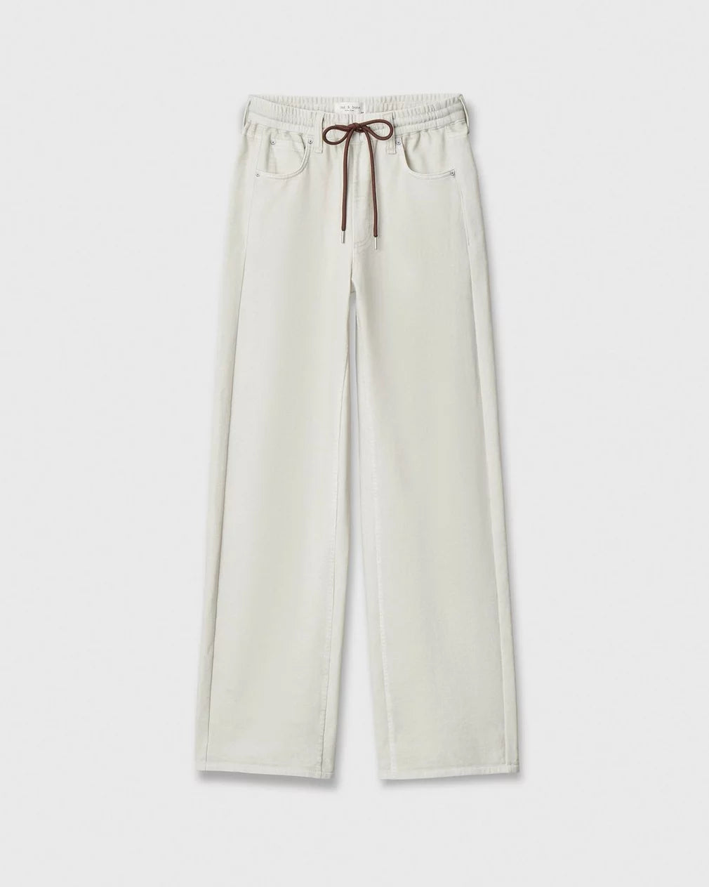 The Rag &amp; Bone rb miramar trry drwcrd wde leg pants are loose-fitting, off-white denim-look terry cloth with a drawstring waist and two front pockets, shown on a plain white background.