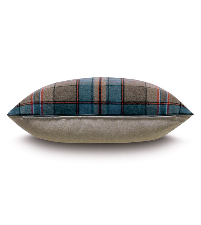 The Rudy Plaid Euro Sham by Eastern Accents features a blue, brown, and red Hamish Toast plaid on top, solid beige bottom, and an invisible zipper closure. Shown against a white background.