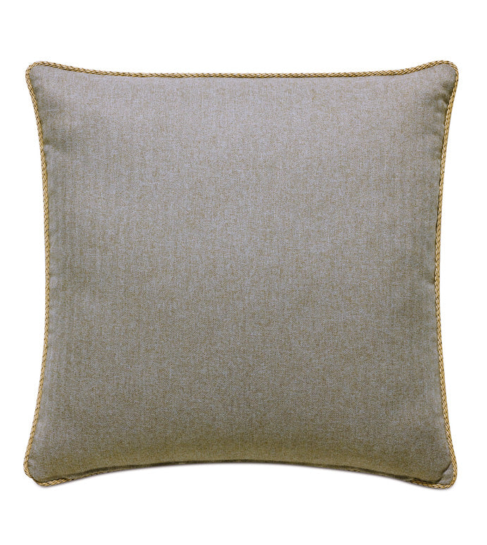 The RUDY OGEE decorative pillow by Eastern Accents features a square gray design with gold piping and a cord edge finish, displayed against a white background.