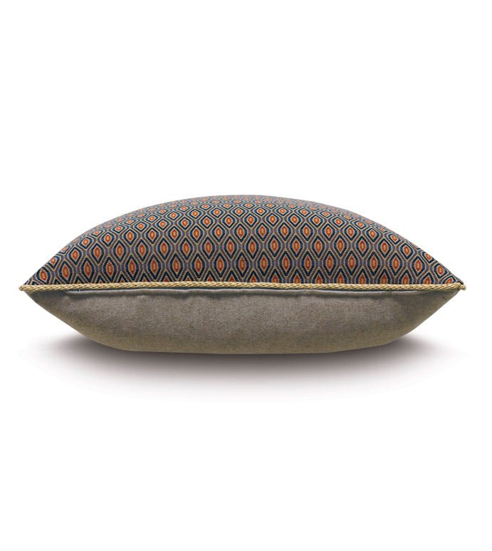 The RUDY OGEE decorative pillow by Eastern Accents features orange and blue diamond-patterned fabric above a solid grey base, accented with a gold cord edge for elegance and an eye-catching textured ogee design.