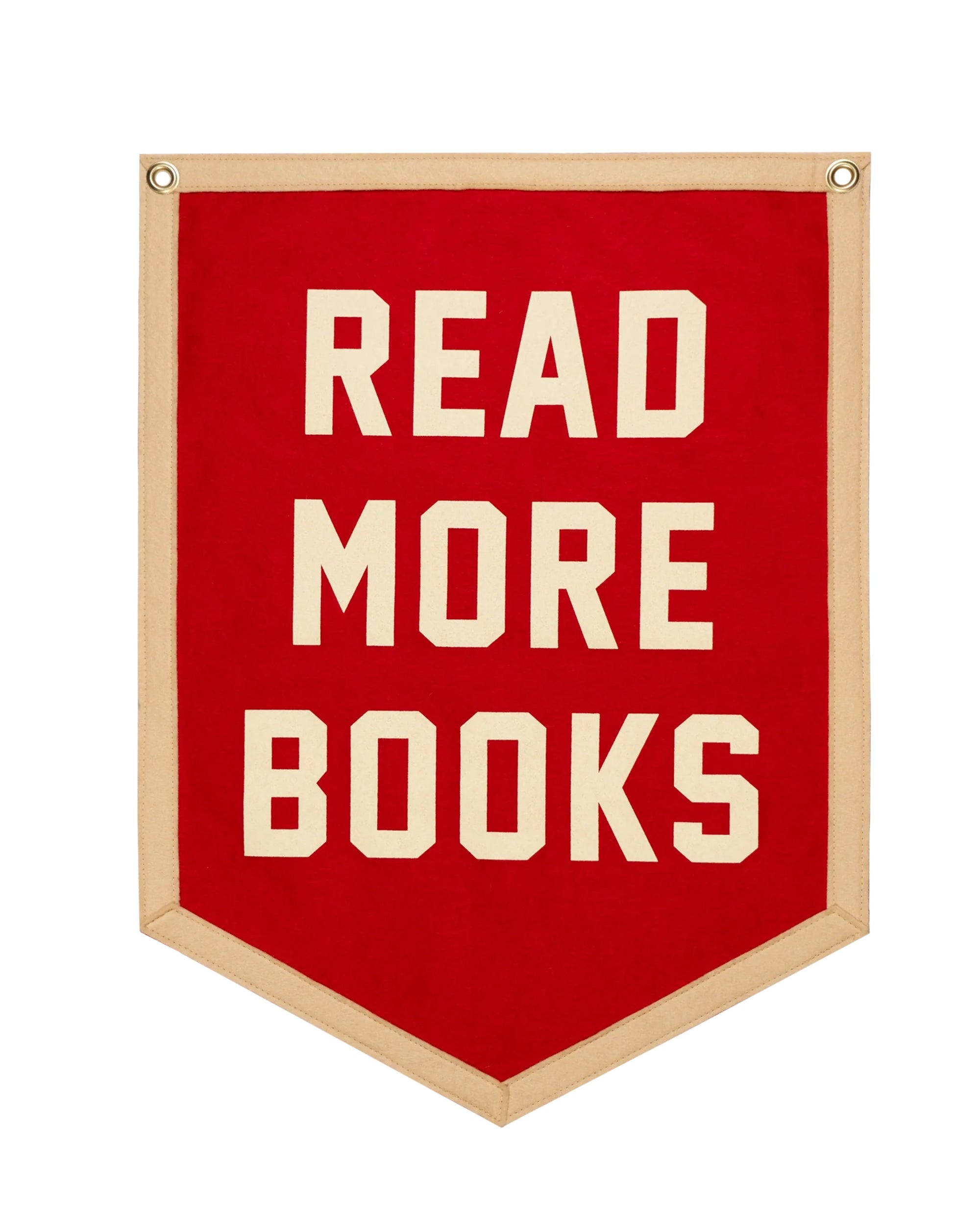 The Oxford Pennant Read More Books Pennant 18x24 features bold white letters on a red banner with beige trim—an ideal accent for book lovers and anyone who celebrates the written word.