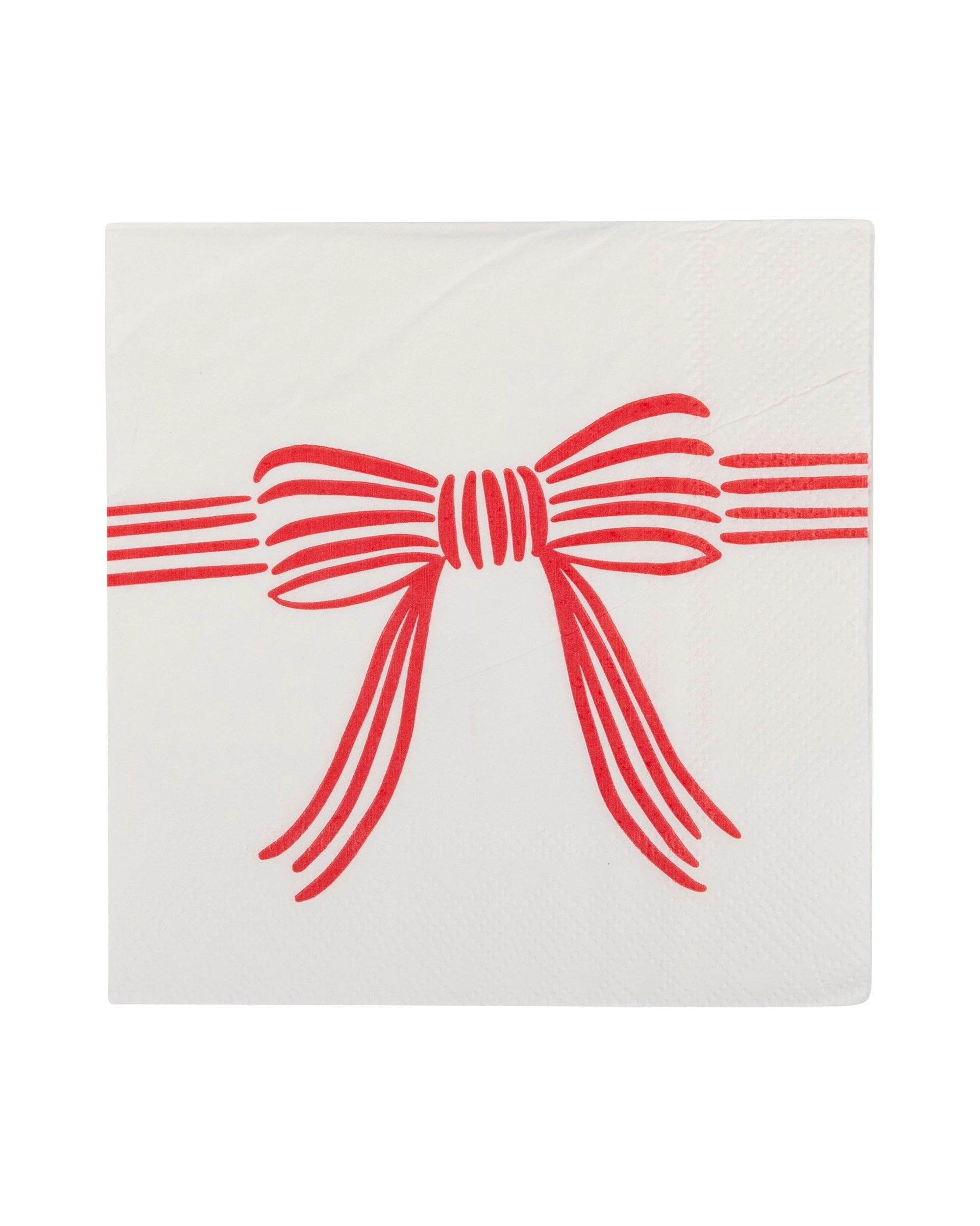 The My Mind's Eye Christmas Cocktail Napkin is white with a simple red bow and horizontal red lines extending from the knot, centered on the front.