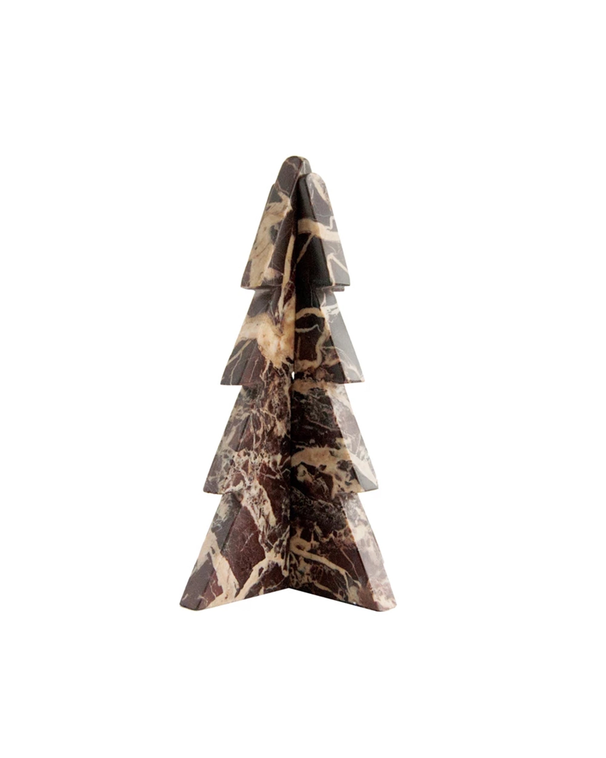 The Creative Co-op XS5021 Red Marble Tree is a decorative geometric sculpture with brown and cream streaks, angular layers, and a smooth finish, standing upright on a white background.