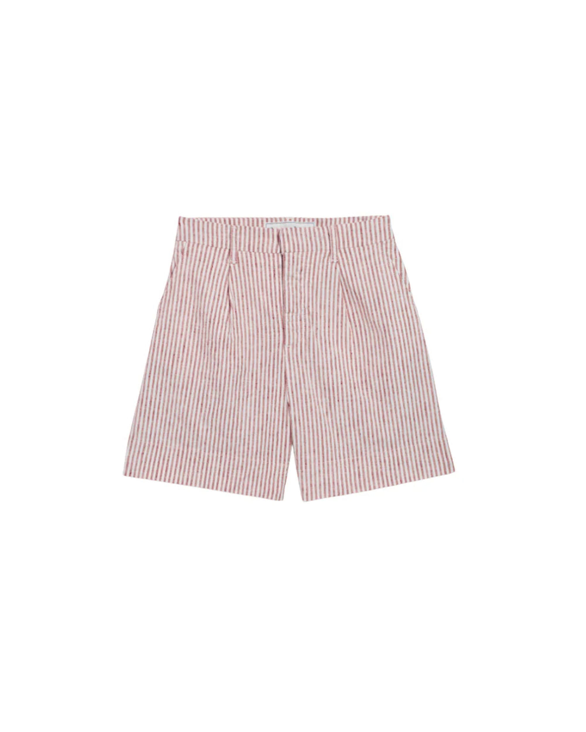 Frank &amp; Eileen Waterford Short in red and white vertical stripes, tailored wide-leg fit with front pleats and side pockets, shown on a white background.