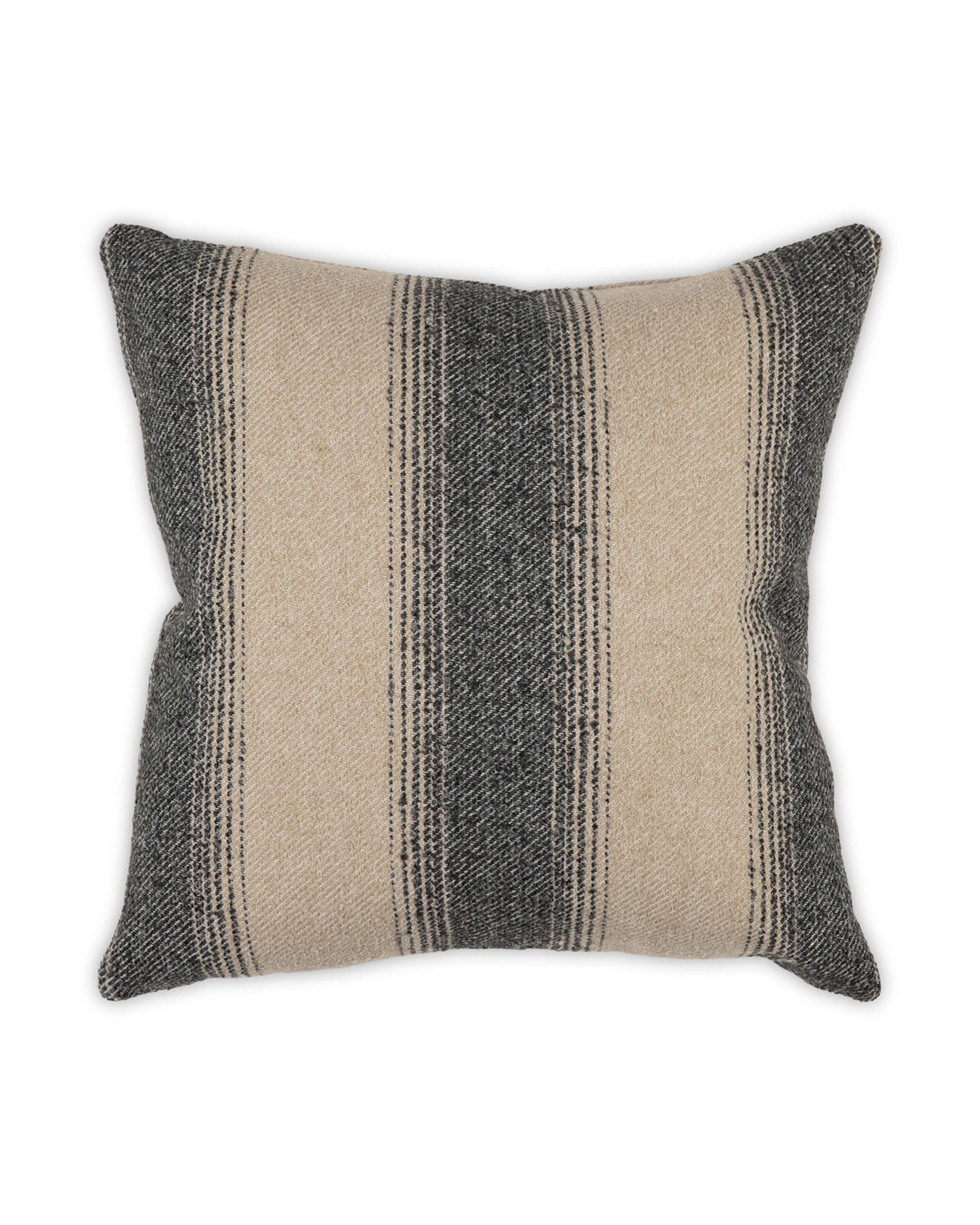 The Reed 24x24 Pillow by Moss Studio features wide beige and dark gray stripes on a white background with pointed corners. Its tweedy weave and modern farmhouse stripe design add neutral, rustic charm to any space.
