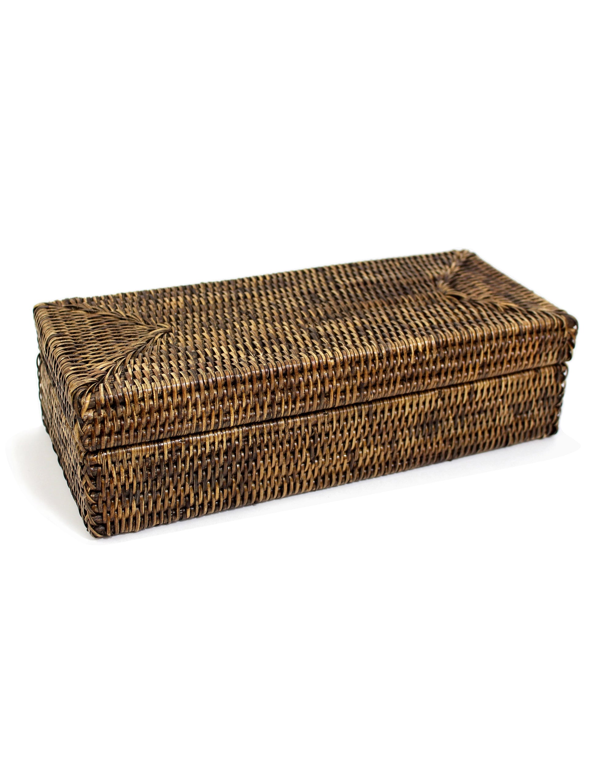 The Faire Rectangular Long Box w Lid is a brown woven wicker storage box, shown closed on a white background—ideal as handmade basket décor for eco-friendly home organization.