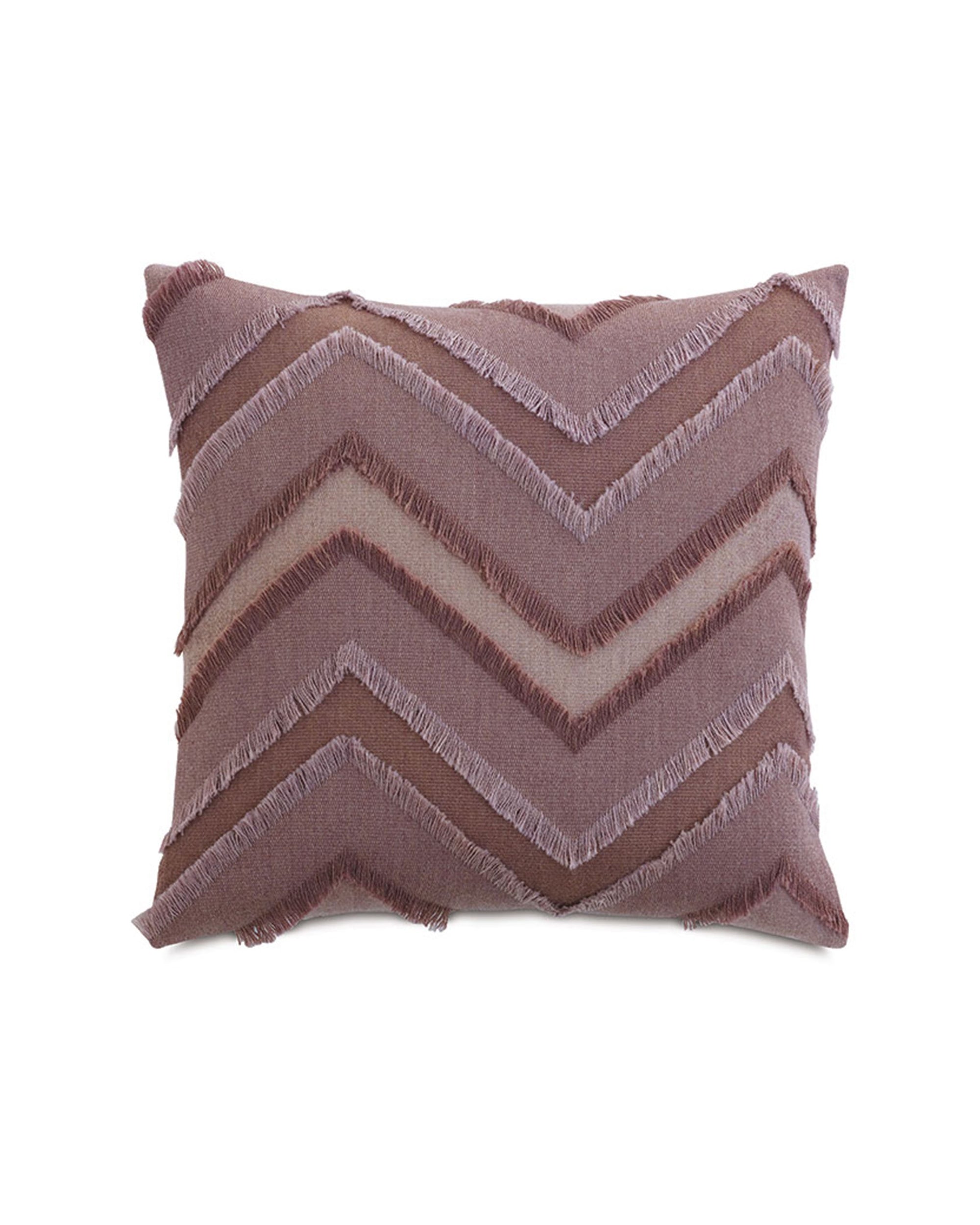 The REINHART FRINGE by Eastern Accents is a mauve 24x24 rectangular pillow with a textured chevron pattern, fringed edges on each zigzag stripe, and a soft, plush modern design.