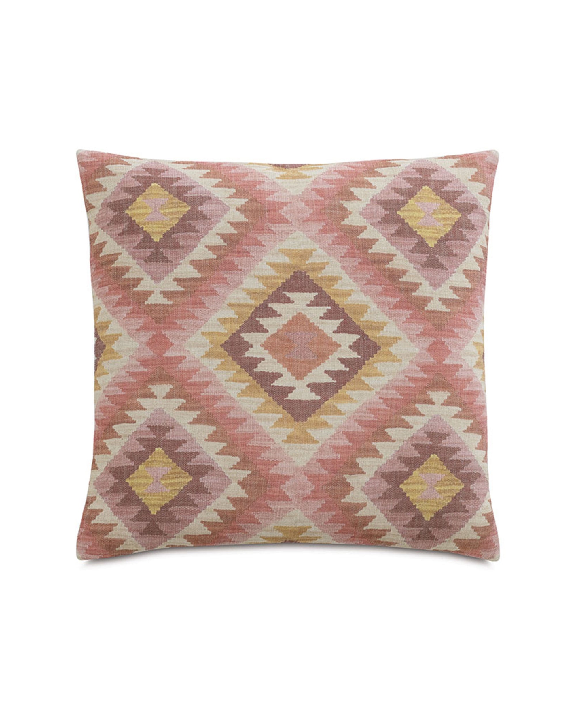 The REINHART KILIM pillow by Eastern Accents features a square shape with a southwestern-inspired geometric diamond pattern in pink, beige, and yellow on textured fabric. Pillow insert is included.