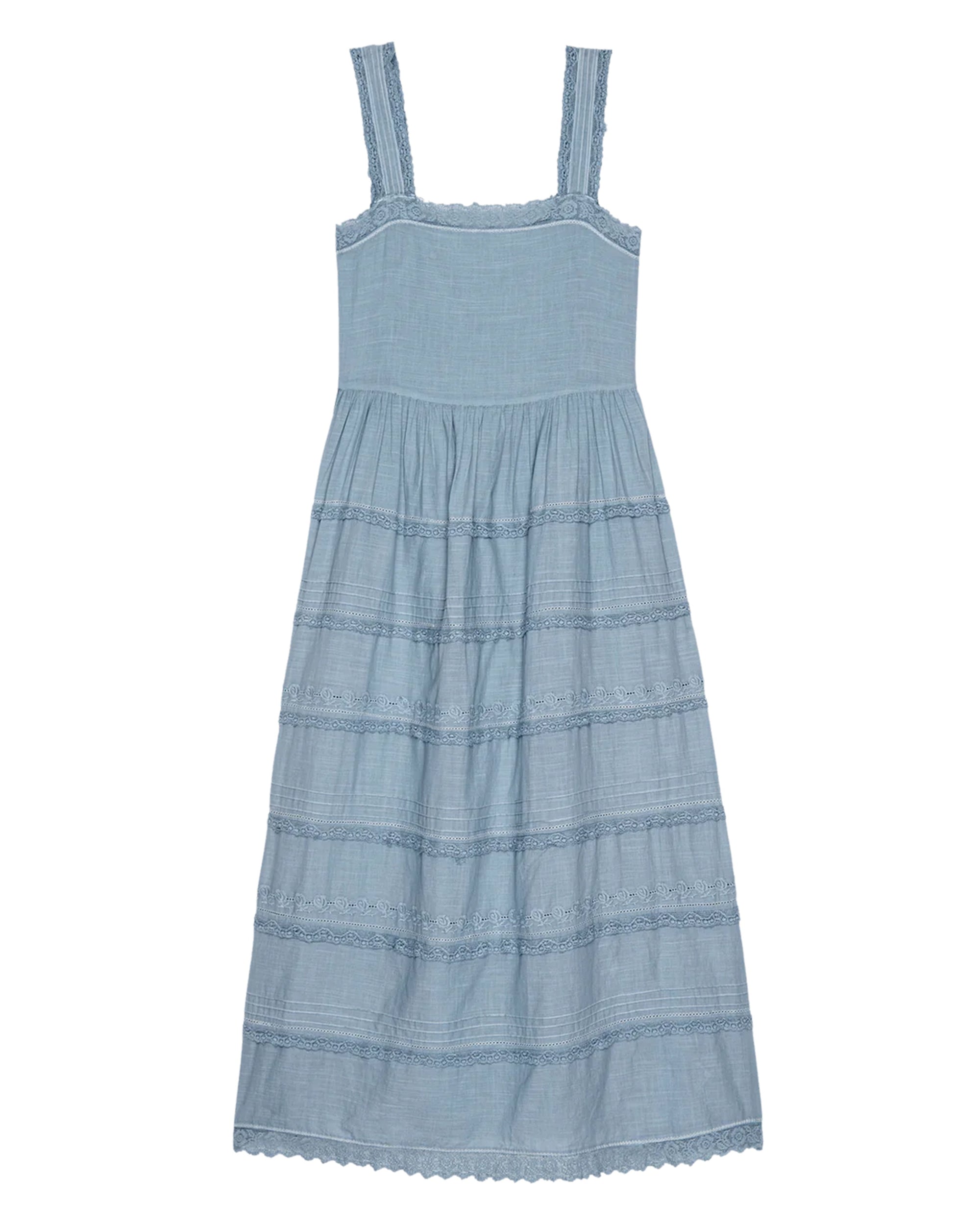 The Reverie Dress by The Great Inc. is a sleeveless light blue cotton midi dress with wide straps, a square neckline, horizontal lace details, a gathered waist, and a scalloped hem. Dry clean recommended.