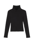 The Rib Turtleneck by Donni is a black sweater with long sleeves, showcasing a fine rib texture, displayed on a plain white background.