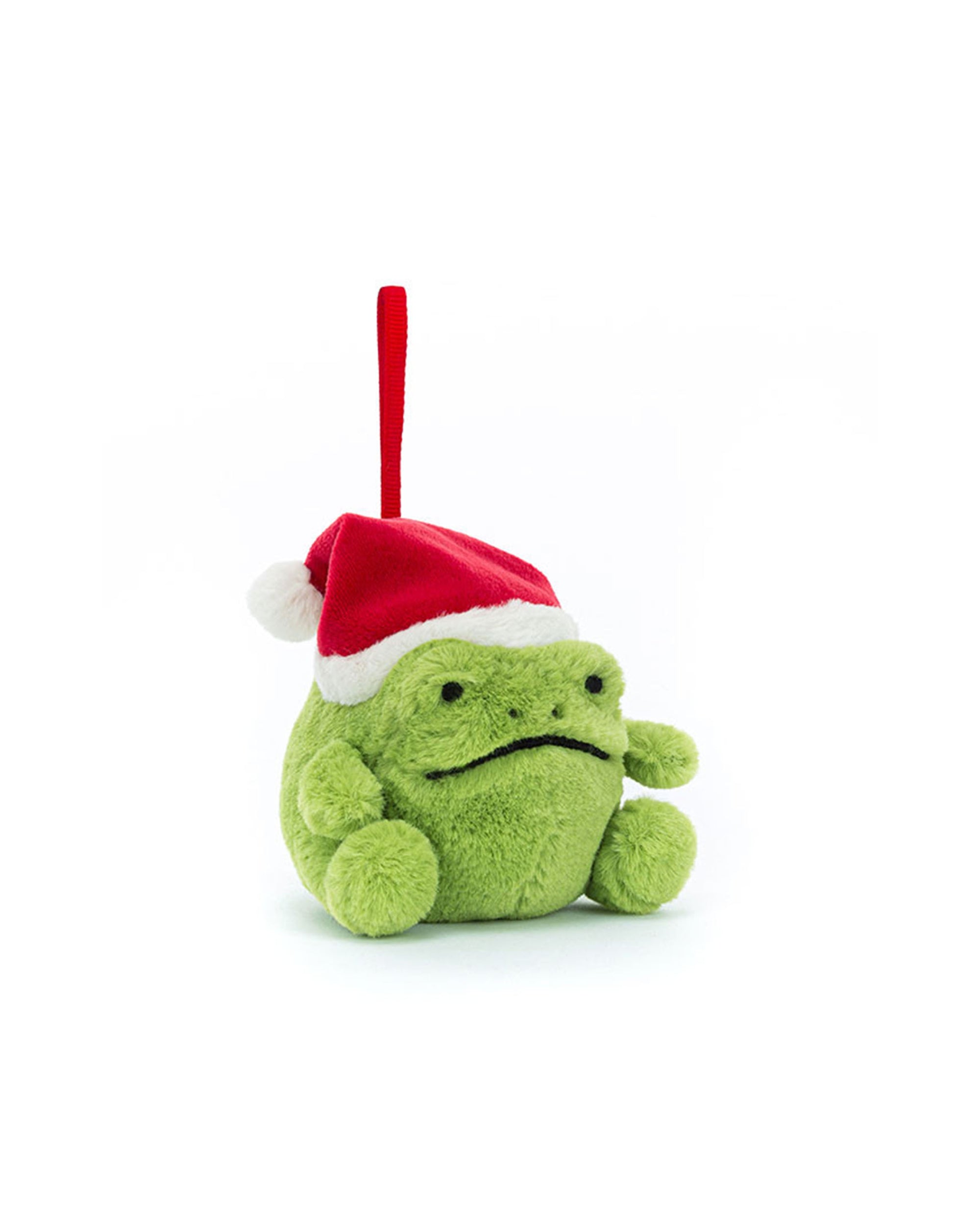 The Ricky Rain Frog Decoration by Jelly Cat Inc. is a small, round green plush frog with a neutral face, red and white Santa hat, and red hanging loop—perfect as a quirky Christmas tree ornament.