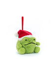 The Ricky Rain Frog Decoration by Jelly Cat Inc. is a small, round green plush frog with a neutral face, red and white Santa hat, and red hanging loop—perfect as a quirky Christmas tree ornament.