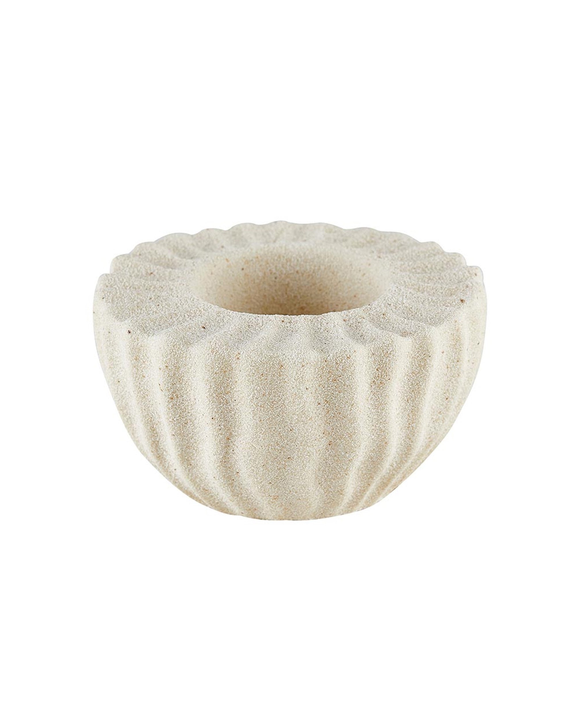 The Faire Ridges Candle Holder is a small beige stone accent with a wavy, fluted texture, circular top opening, and planter-like modern style.