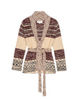 The Great Inc. Riding Cardigan showcases Southwest Americana style with beige and maroon geometric patterns, a shawl collar, long sleeves, and a matching self-tie waist belt.