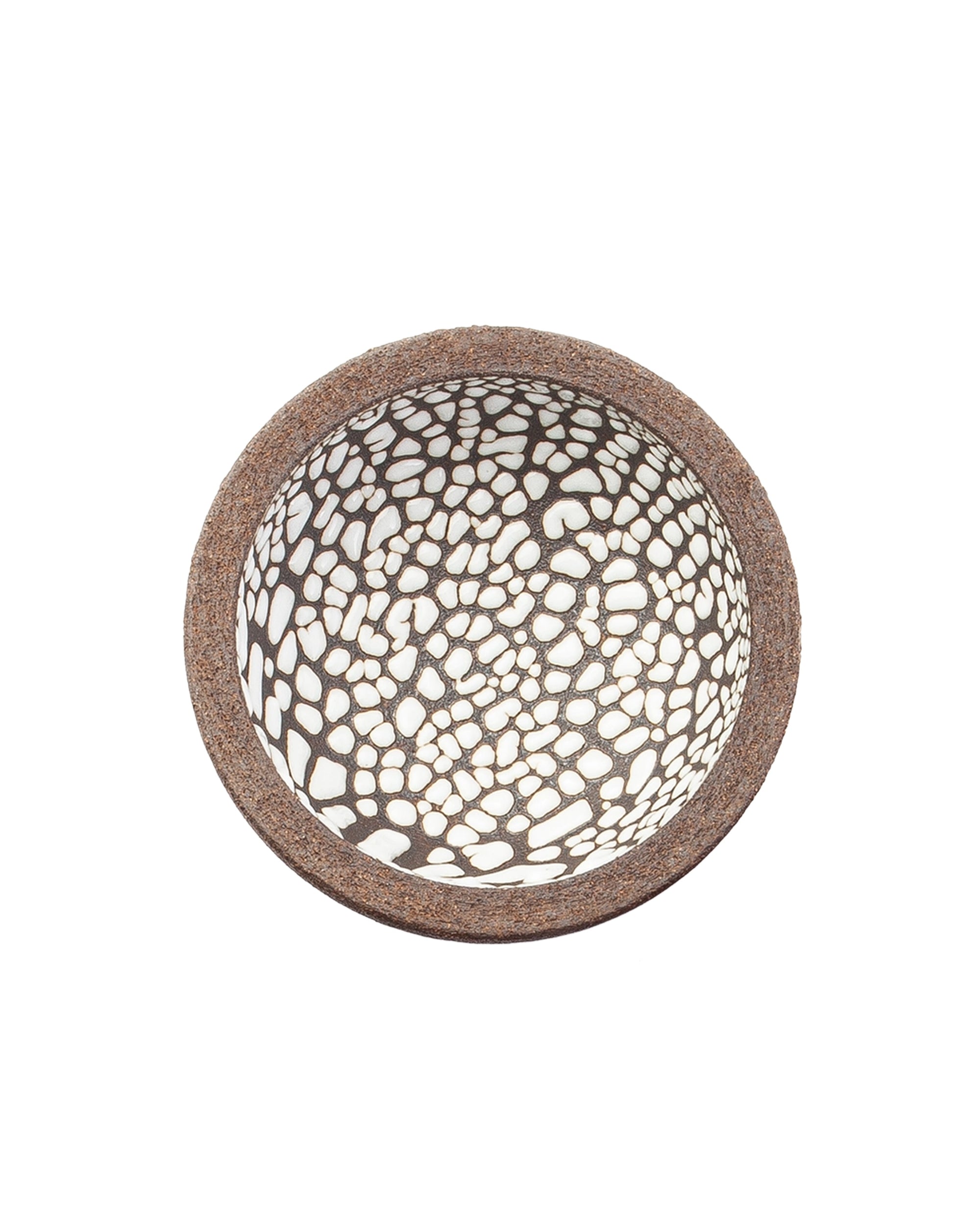 The Faire Ritual Bowls 4.5" feature a round design in chocolate brown clay, with an open, irregular geometric pattern like a web or scattered stones, shown from above on a white background.