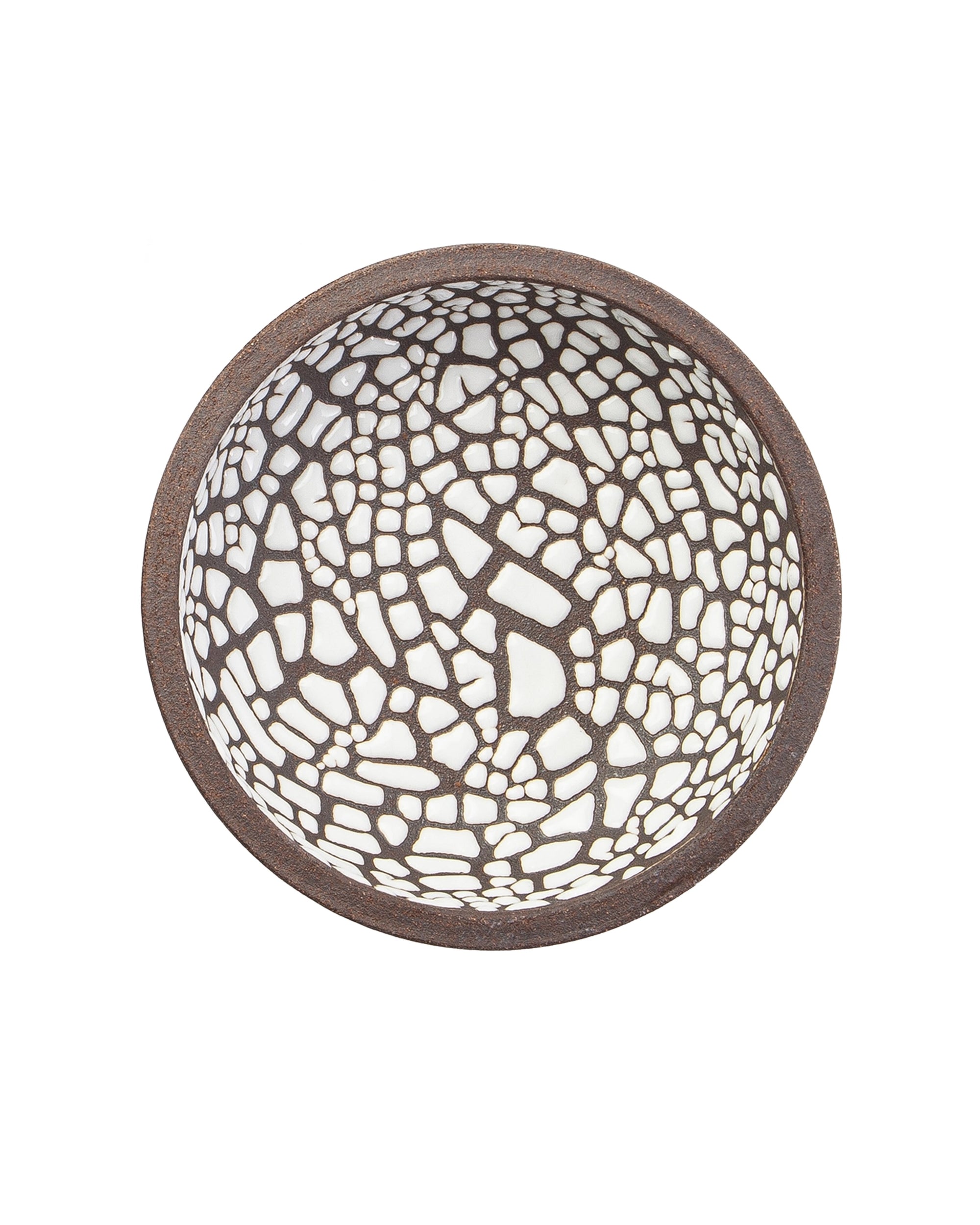 The Faire Ritual Bowl 6" features a round shape with a dark brown rim and an interior mosaic-like black and white pattern resembling cracked pieces, making it perfect as a unique catch-all or for displaying salt cellars.