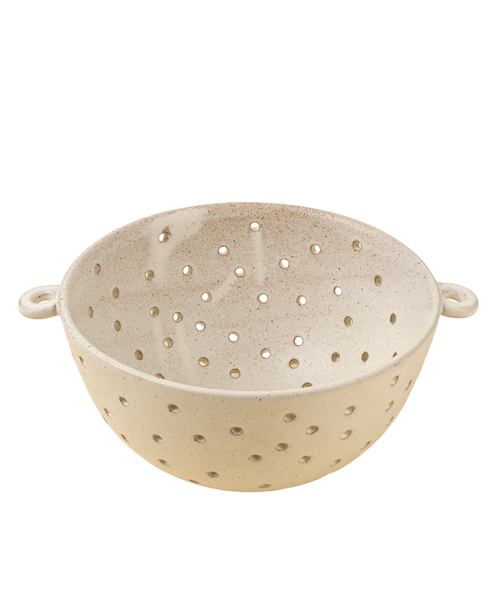 Beige ceramic berry colander with handles by Faire, Riverstone Berry Bowl, perfect for kitchen use.