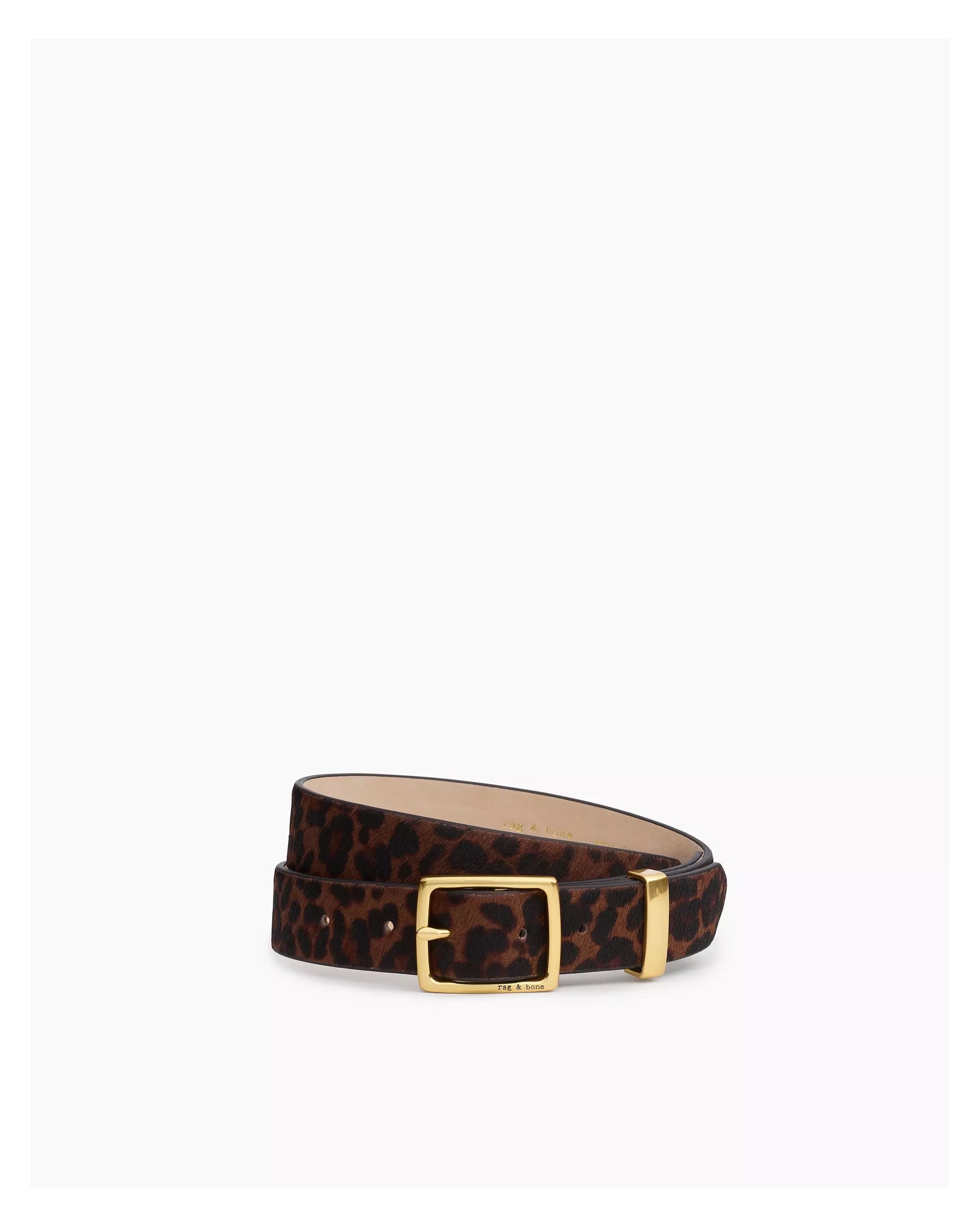 The Rag & Bone X Boyfriend Belt, crafted from brown and black leopard-print calf hair with a rectangular gold buckle, is displayed against a plain white background.