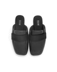 A pair of black Puffy Loafer slip-on mule loafers by Roam, with square toes, a wide top band, and memory foam insoles featuring the brand name, shown on a white background.