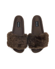 The Roam Cloud Shearling Slider sandals feature plush brown furry straps, black insoles with the Roam label, and a contoured footbed for comfort.