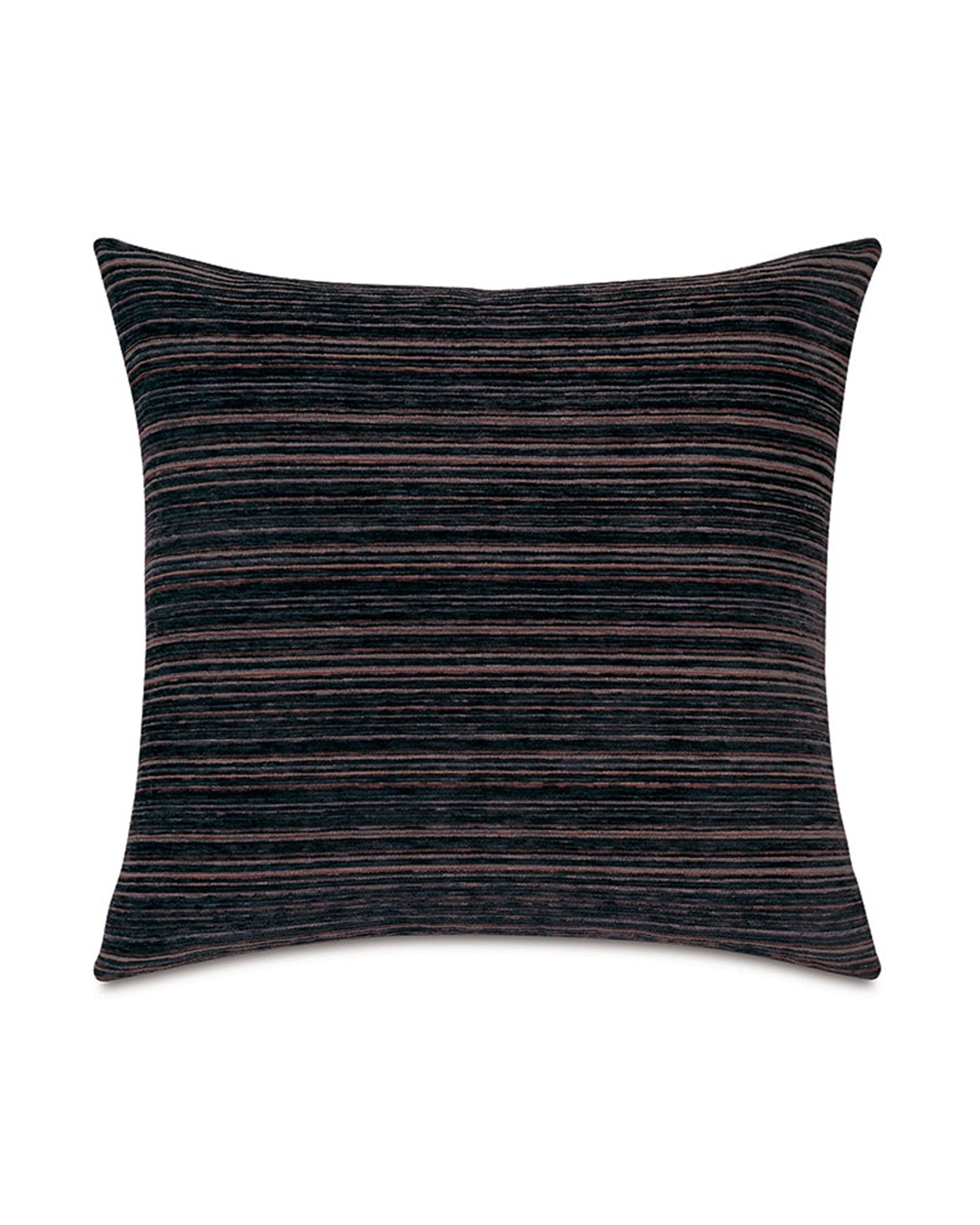The Rocco Chenille Euro Sham by Eastern Accents showcases a black background with grey and brown horizontal stripes in soft chenille fabric, displayed on a white backdrop.