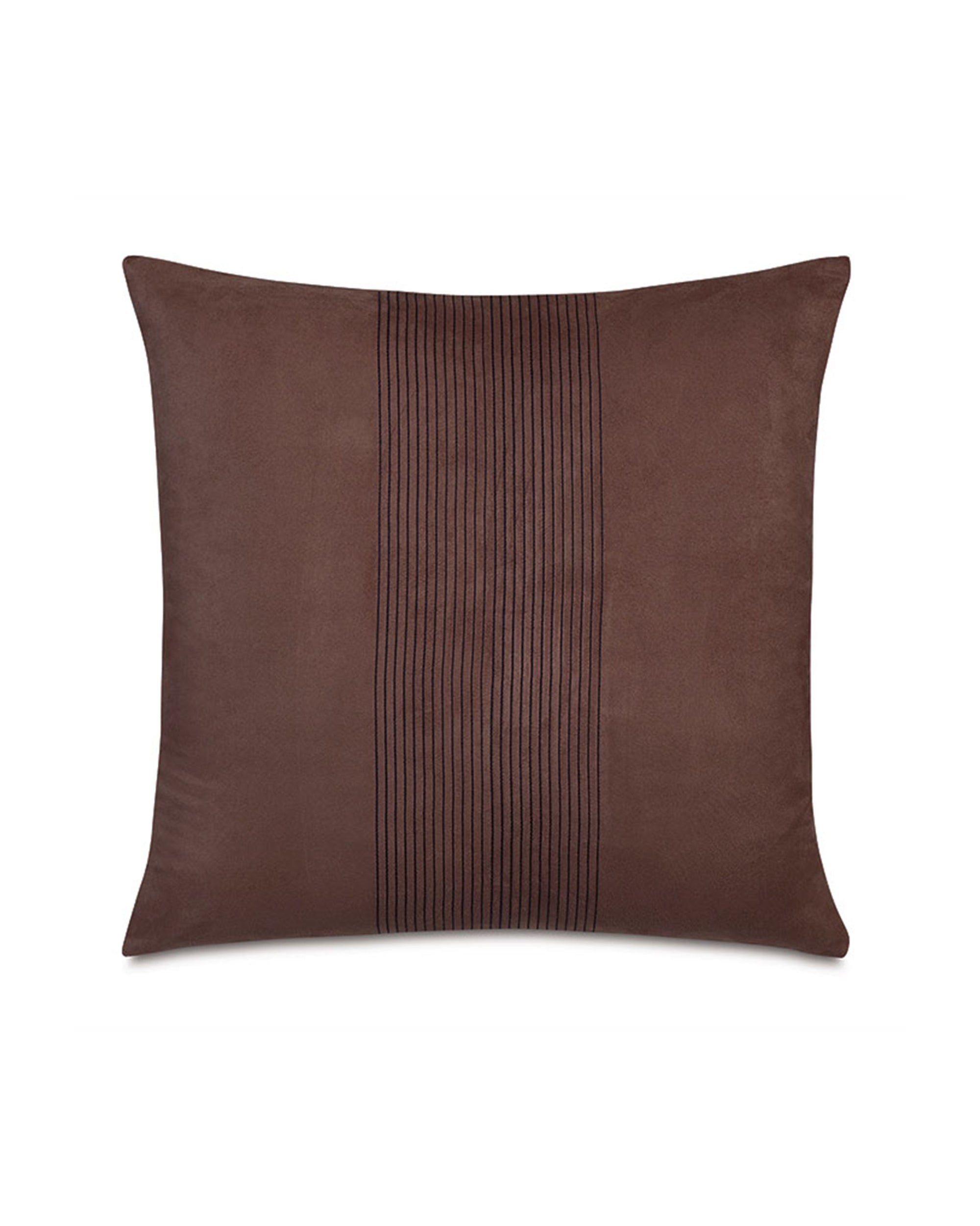 The ROCCO FAUX SUEDE pillow by Eastern Accents is square, brown chestnut vegan suede with a soft, modern look. It features a vertical central stripe accented by multiple narrow black chain-stitched lines.