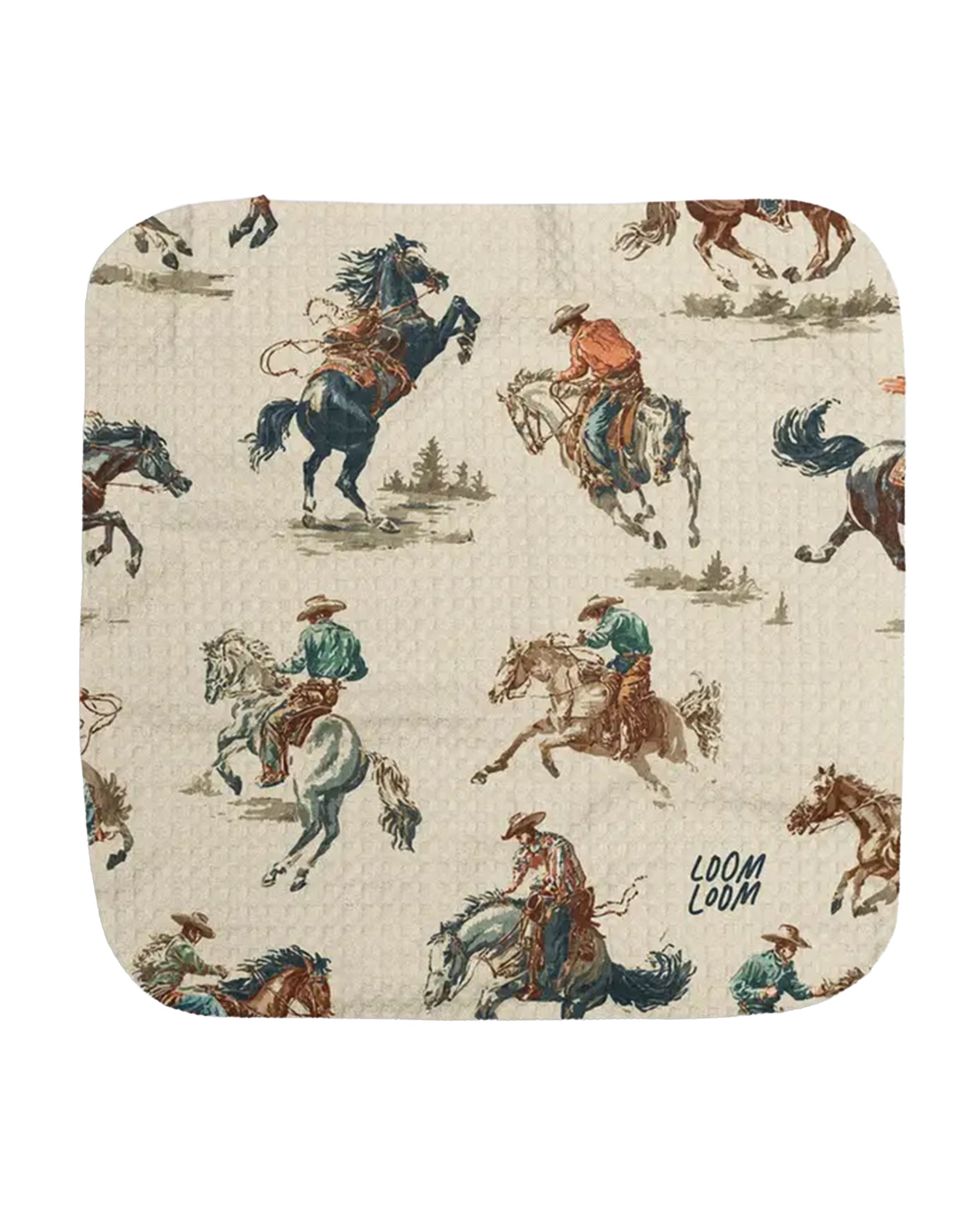 The Rodeo Dishcloth by Faire is made from EcoLoom fabric and features cowboy and horse illustrations on a cream background, with "LOOM LOOM" in one corner.