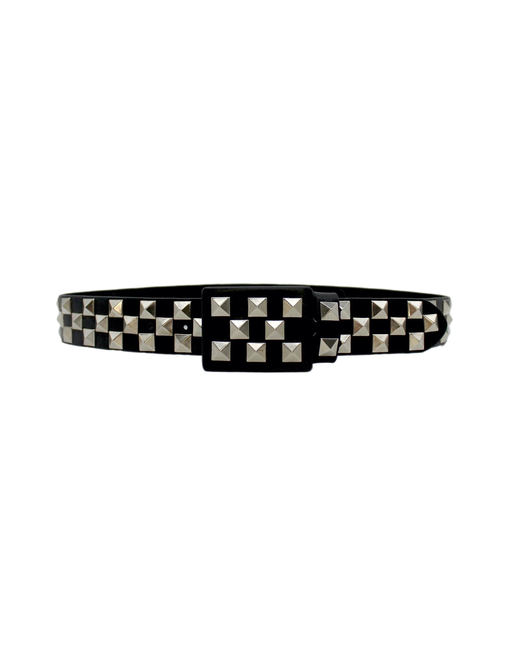 The Roger Silver Pyramids belt by Streets Ahead Inc is crafted from black Italian leather, adorned with two rows of silver pyramid studs, and finished with a matching black buckle.