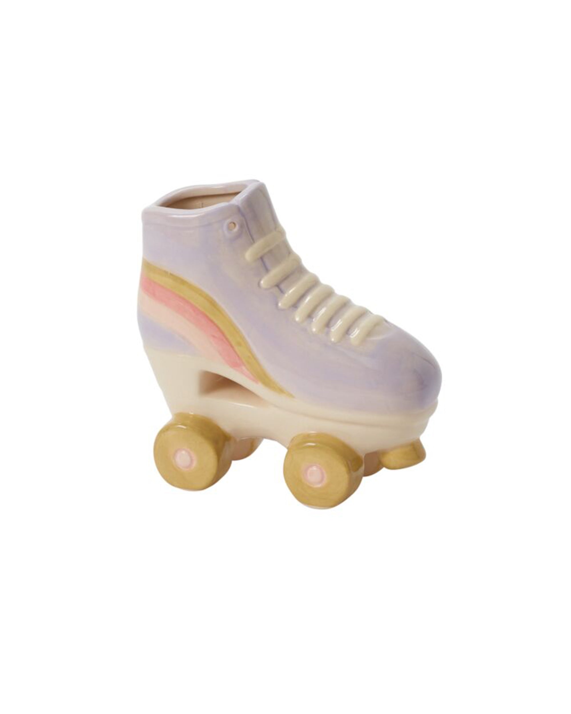 The Accent Decor Rollerskate Planter is a ceramic piece in pastel purple with yellow and pink stripes and yellow wheels, perfect for plant lovers or as a unique gift, shown on a white background.