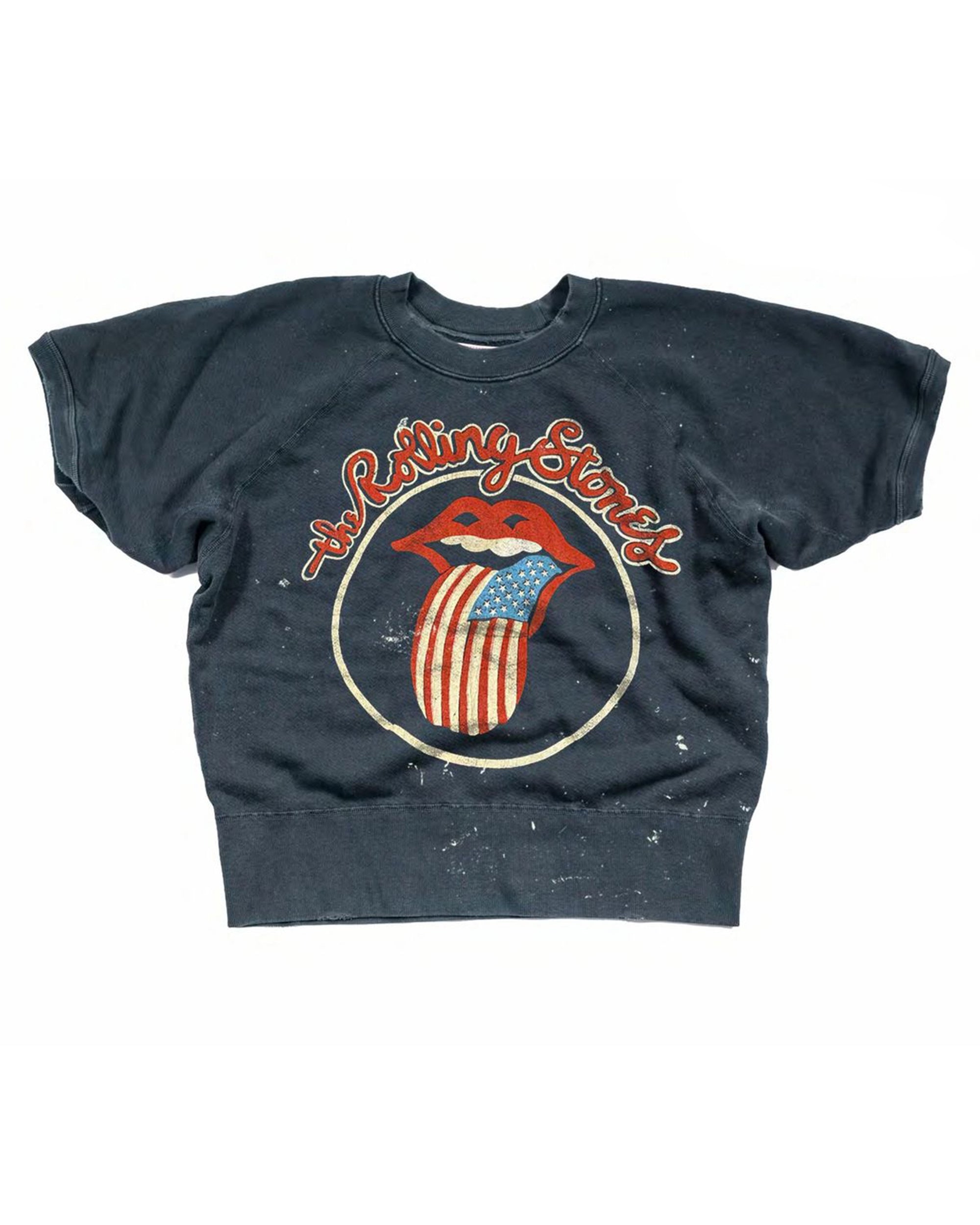 A black cropped short sleeve Made Worn Rolling Stones sweatshirt featuring the classic red mouth and American flag tongue logo with the band name in red script above; vintage look with signs of wear and small white spots.