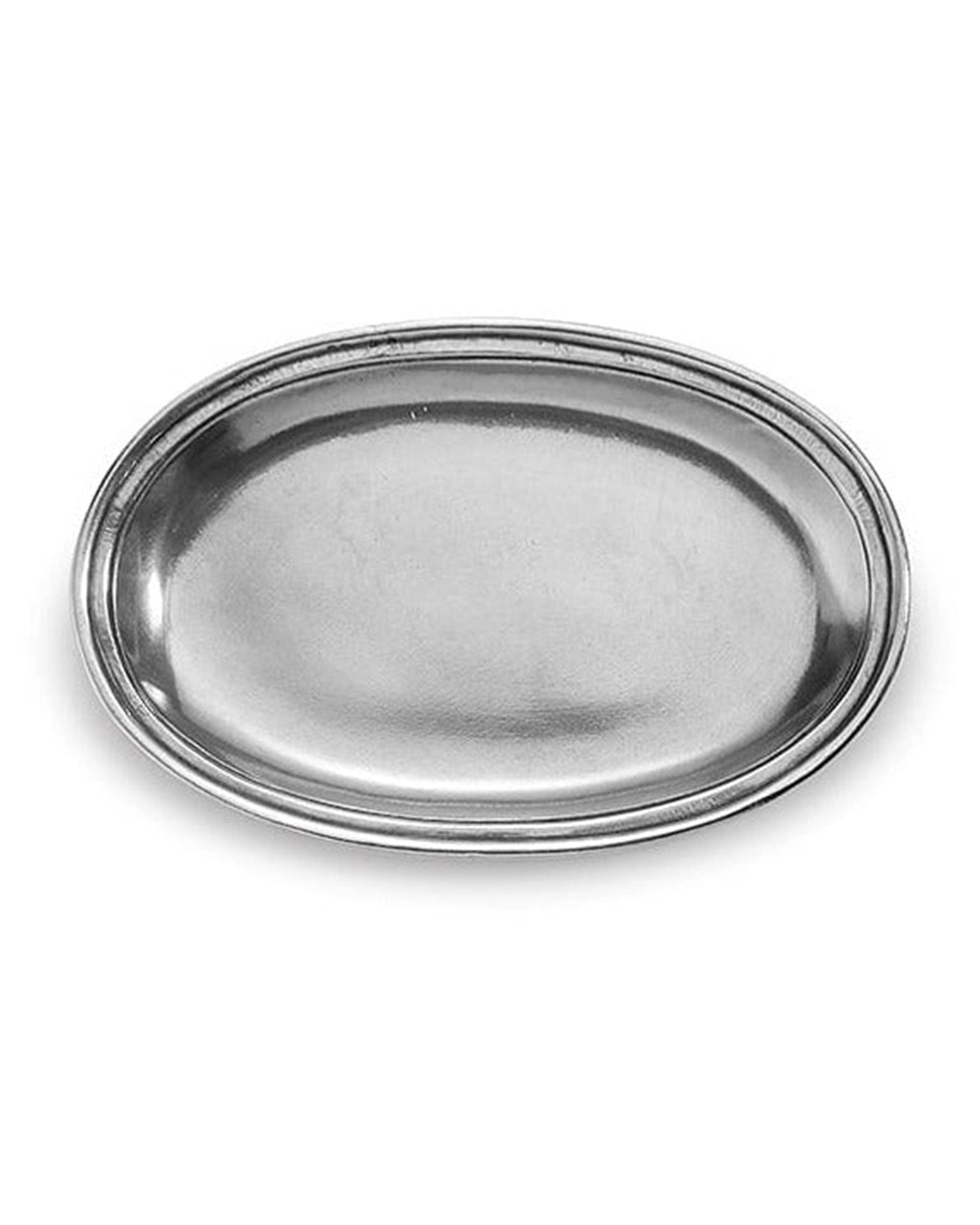 The Faire Roma Small Oval Tray is an empty, silver metal serving tray with rustic edging and a slightly raised rim, shown against a plain white background.