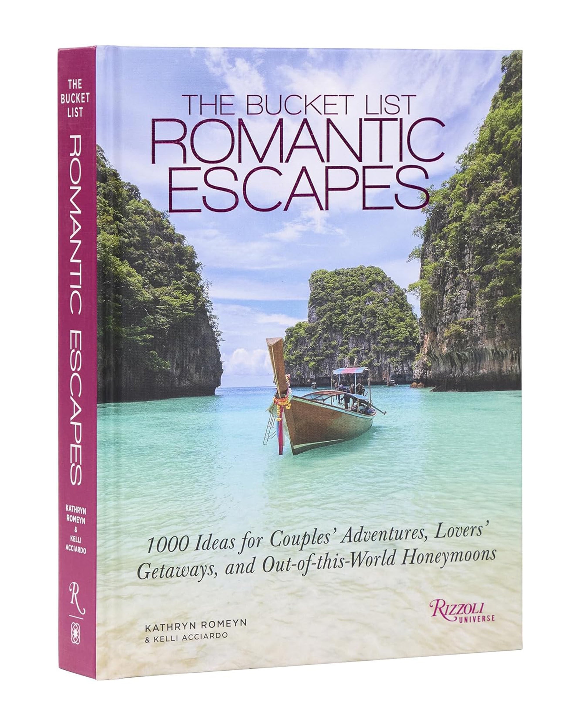 The Bucket List: Romantic Escapes" by Random House stands upright, its cover showing a boat on turquoise water between lush cliffs—ideal inspiration for romantic getaways.