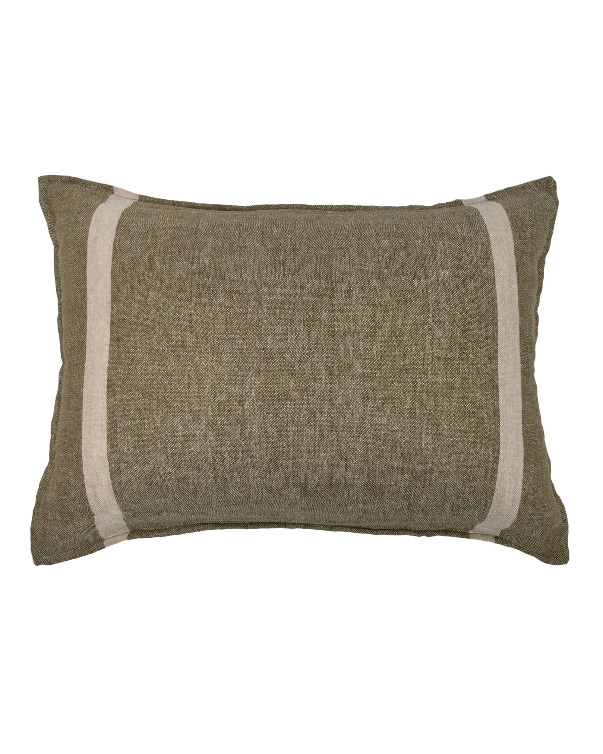 The POM POM Rory Big Pillow 28x36 is a rectangular olive green linen accent pillow featuring textured fabric and two vertical off-white stripes near each end.