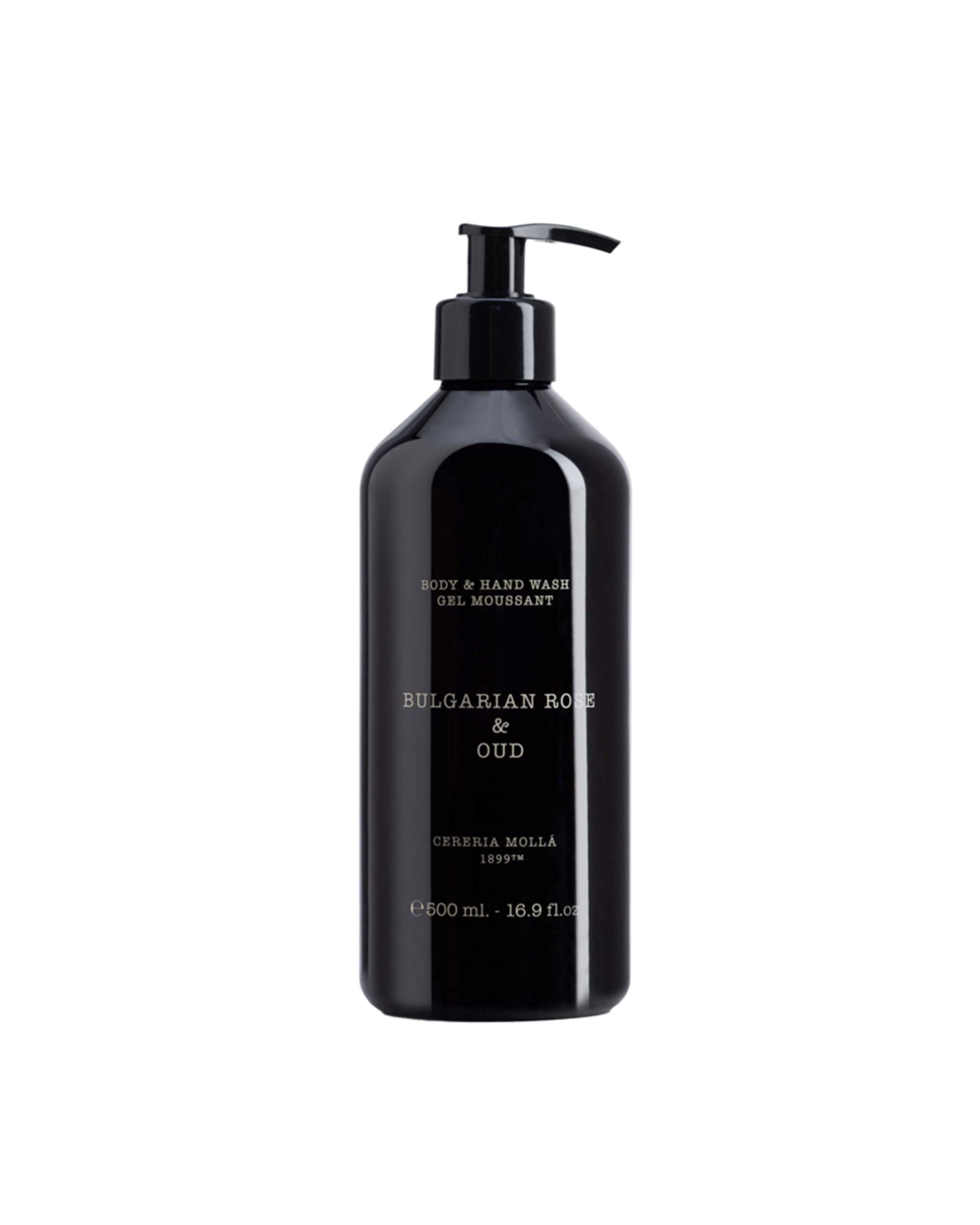 A black pump bottle of Cereria Molla Bulgarian Rose & Oud Body Wash, 500 ml, with a natural formula is shown against a white background.
