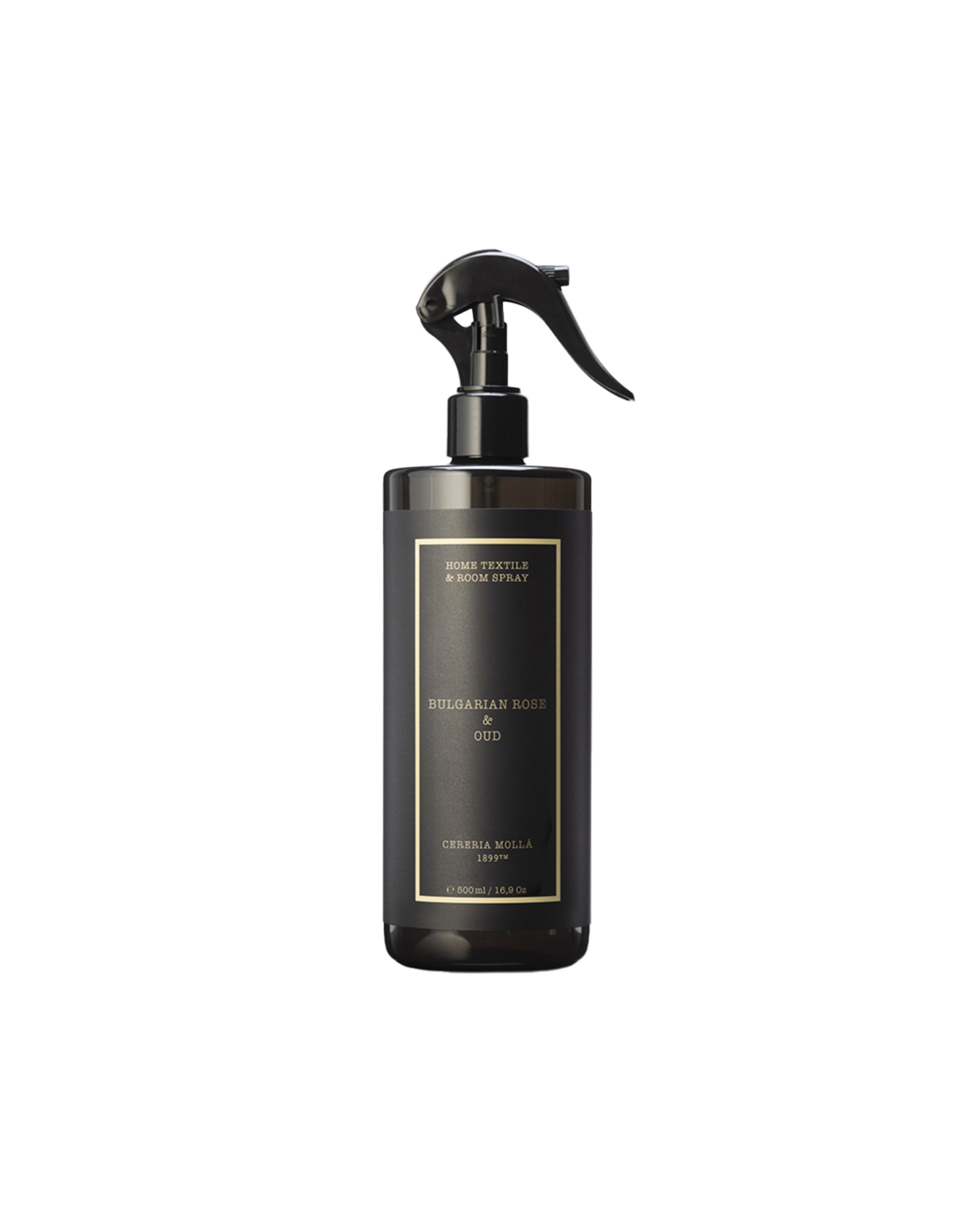 A dark spray bottle labeled "Bulgarian Rose & Oud Home Spray" by Cereria Molla, designed for home use, is centered on a white background.