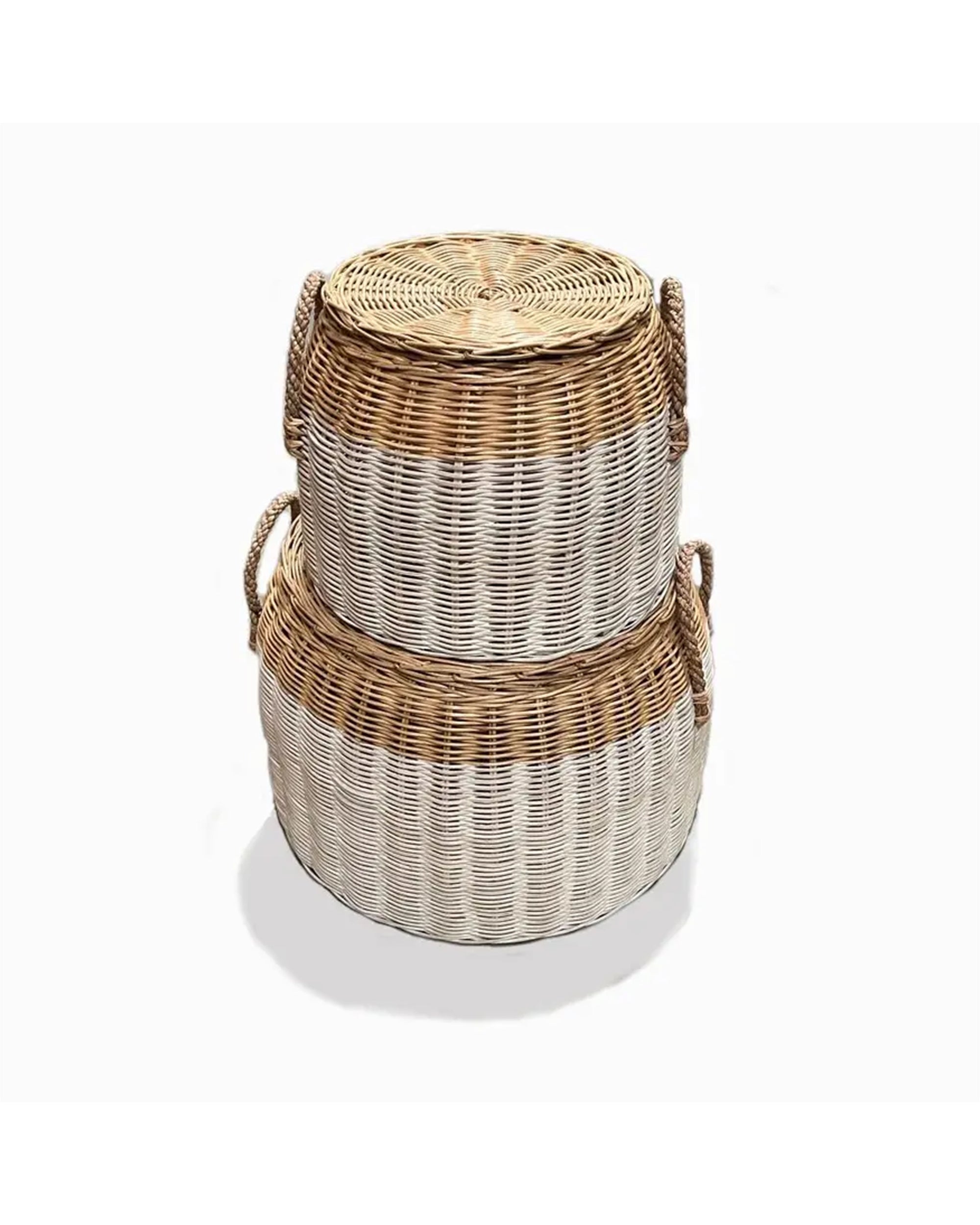 Two Faire BAM291 round baskets with straw handles, featuring a white and natural striped pattern, are stacked together.