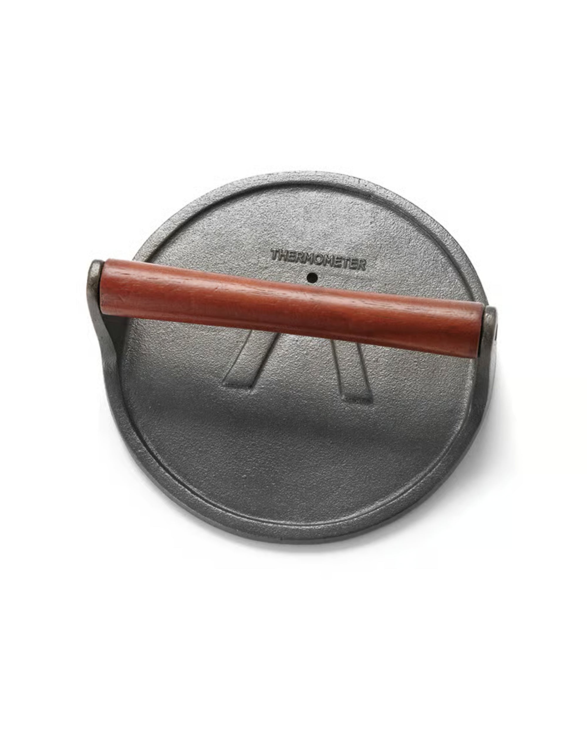 A round cast iron grill press by Fox Run Brands with a rosewood handle, ideal for evenly pressing and searing burgers, is pictured against a white background.